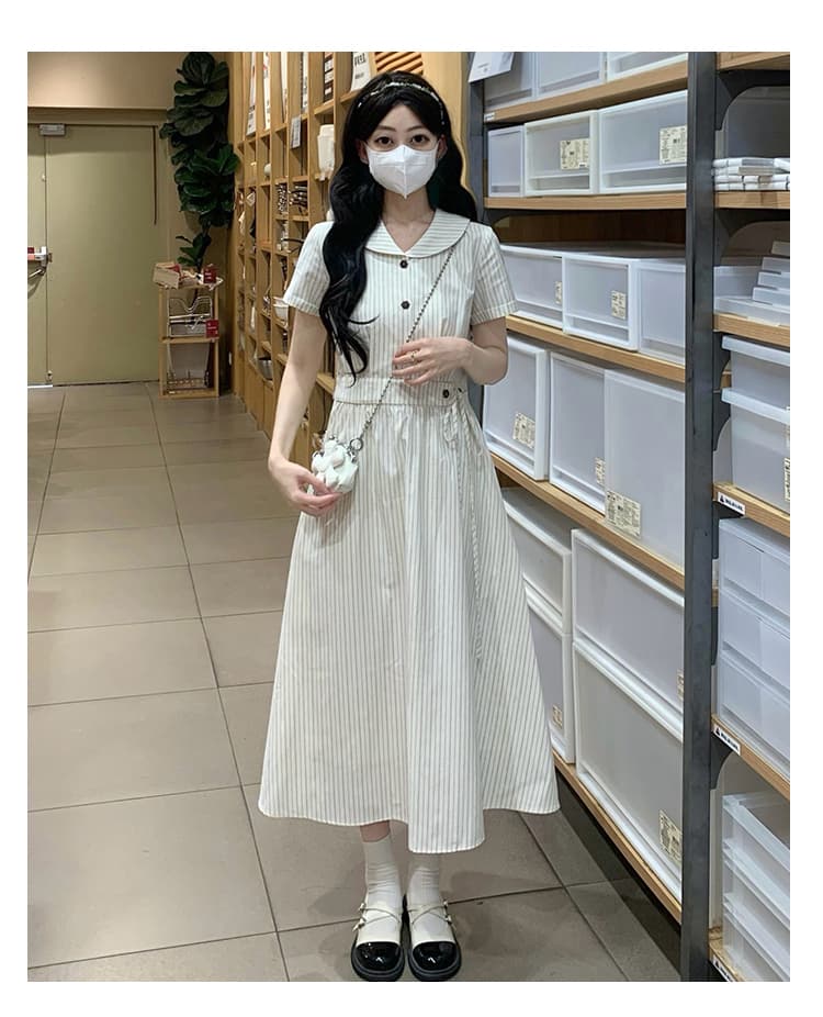 실사 프랑스식 낭만주의 롱 코트 살구 색상 스트라이프 셔츠 드레스 여성 여름 반팔 드레스 상세 이미지 18