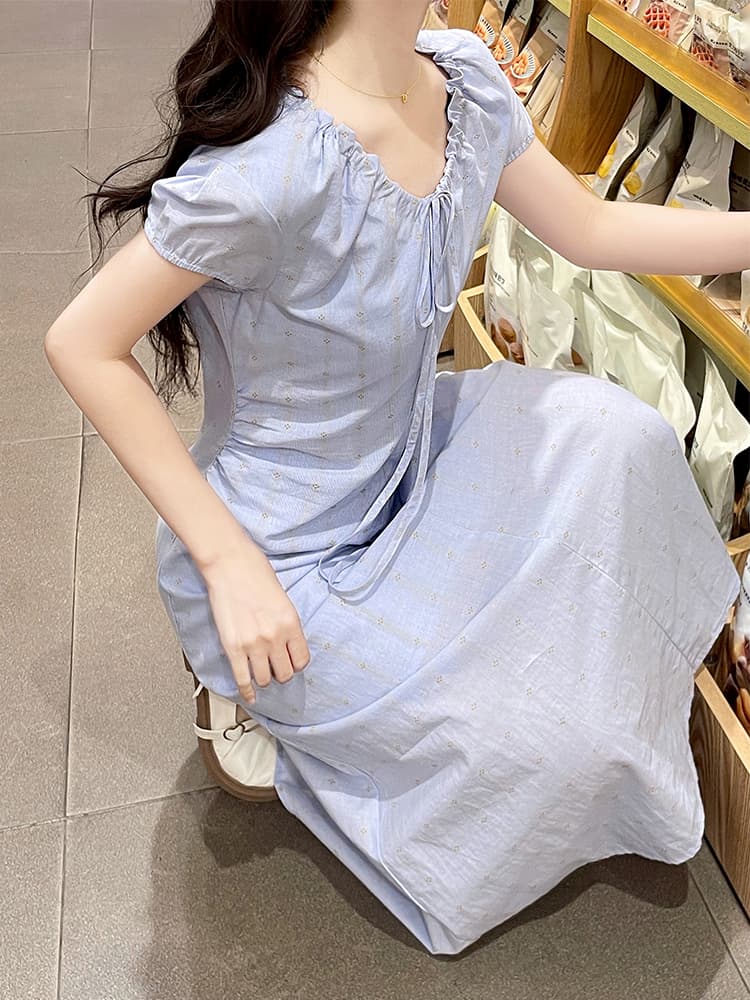 실사 거품 소매 허리 수축 드레스 여름 V넥 주름 프랑스식 품격 길다 치마 이미지 3