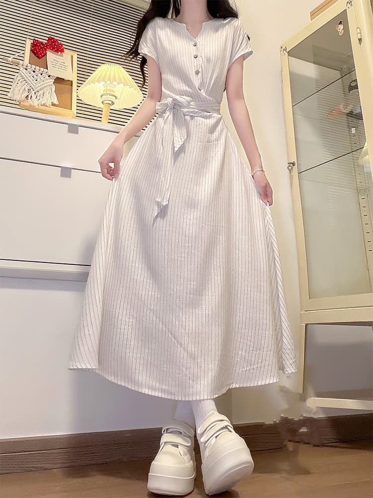 실사 스트라이프 반팔 부드러운 바람 드레스 여름 새로운 프랑스식 길다 치마 자이언트 잘 생긴 품격 작은 키 이미지 3
