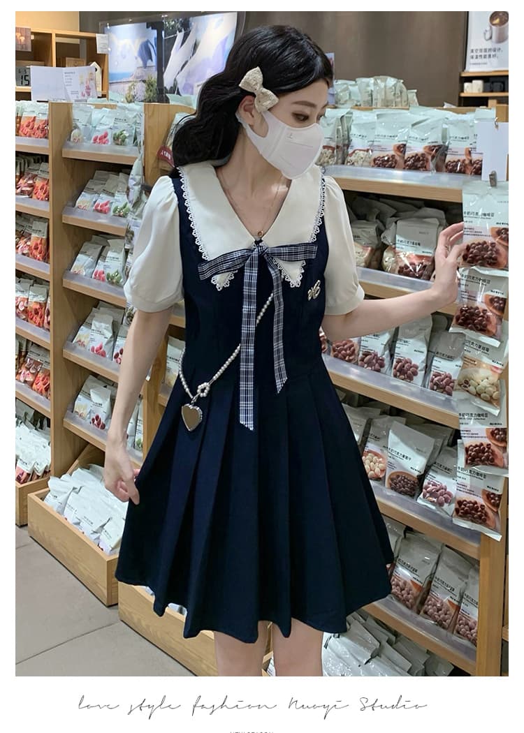 실사 학원 스타일 페이크 레이어드 여성 드레스 여름 새로운 허리 수축 슬림해 보이는 디자인 센스 플리츠 짧은 치마 상세 이미지 11