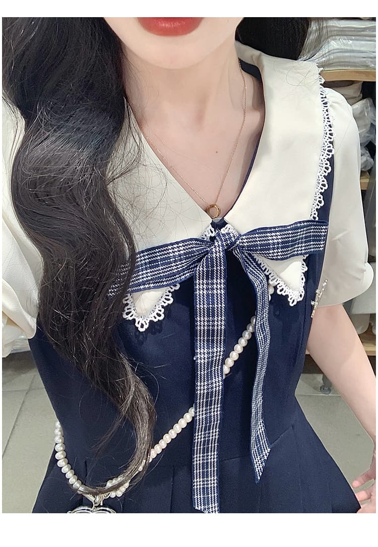 실사 학원 스타일 페이크 레이어드 여성 드레스 여름 새로운 허리 수축 슬림해 보이는 디자인 센스 플리츠 짧은 치마 상세 이미지 14