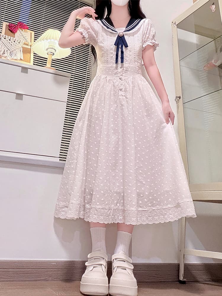 실사 학원 스타일 드레스 새로운 프랑스식 달콤함 연령 감소 허리 수축 슬림해 보이는 해군 칼라 화이트 길다 치마 이미지 4