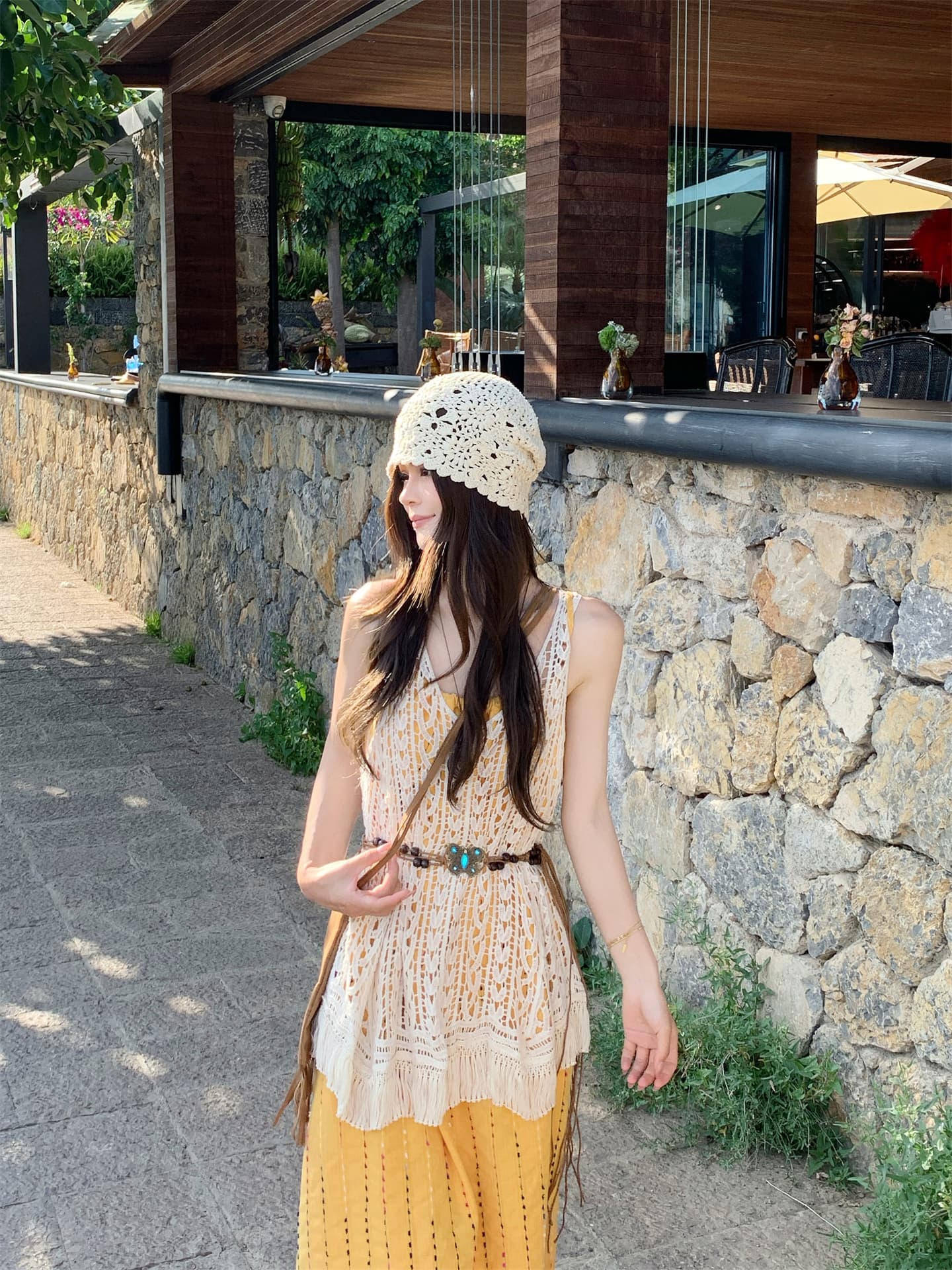 실사 2026 여름 새로운 보헤미안 민족 스타일 홀로우 아웃 술 오픈 가디건 슬립 점프 슈트 치마 세트 여성 이미지 4