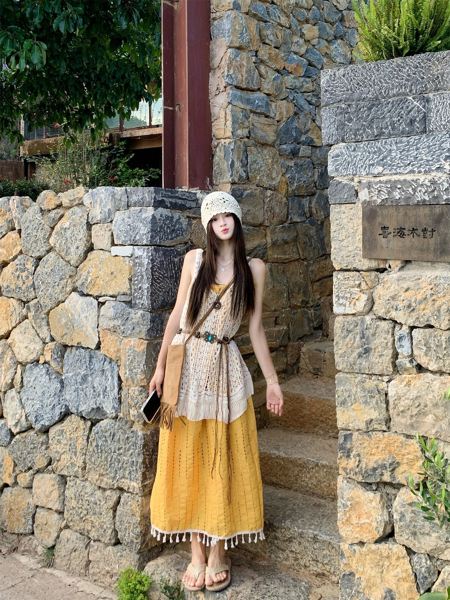 실사 2026 여름 새로운 보헤미안 민족 스타일 홀로우 아웃 술 오픈 가디건 슬립 점프 슈트 치마 세트 여성 상세 이미지 2