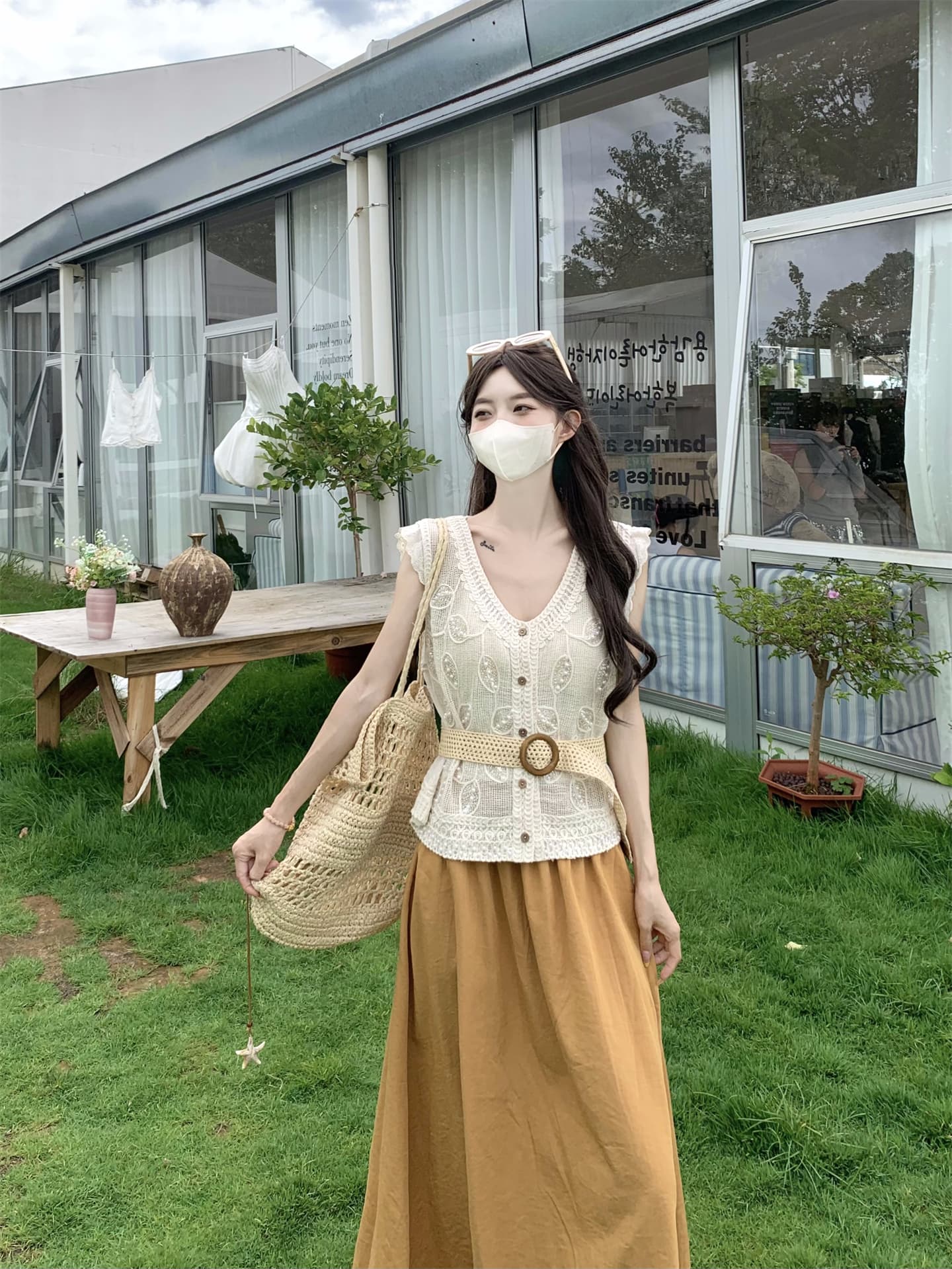 실사 2026 여름 새로운 무거운 작업 비즈 박기 V넥 홀로우 아웃 조끼 여자 큰 진자 종류 반신 스커트 투피스 슈트 상세 이미지 10