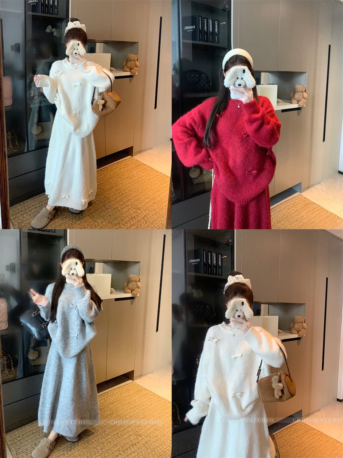 실사 새로운 크리스마스 레드 니트 세트 여성 나비 매듭 3 차원 장식 루즈핏 스웨터 중간 길이 반신 스커트 상세 이미지 2