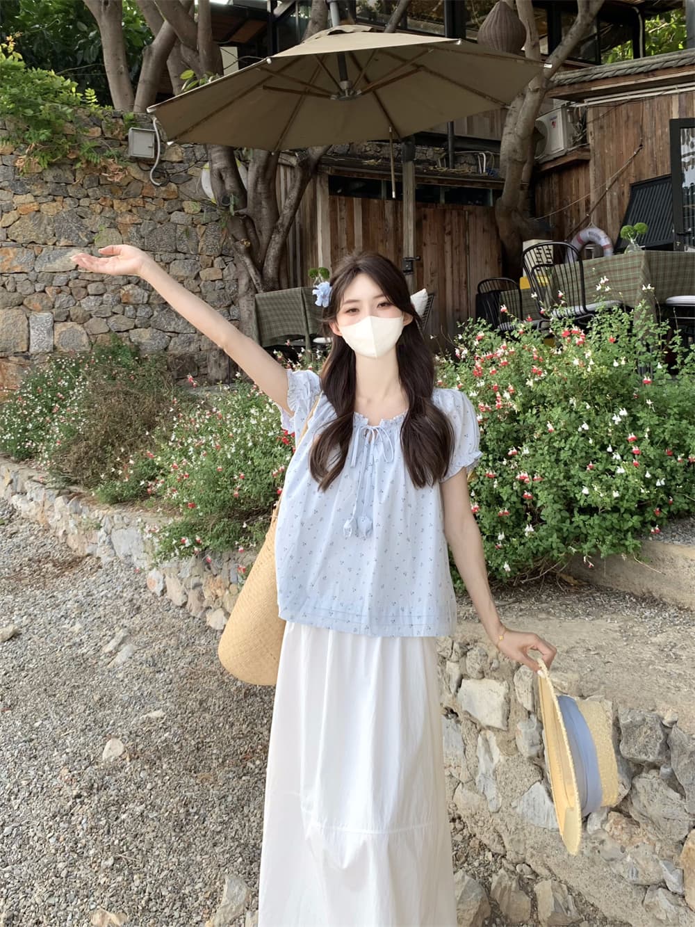 실사 2026 새로운 프랑스식 소녀 거품 소매 꽃무늬 여성 셔츠 프릴 꽃밭 레이스업 인형 셔츠 맨위 상세 이미지 3