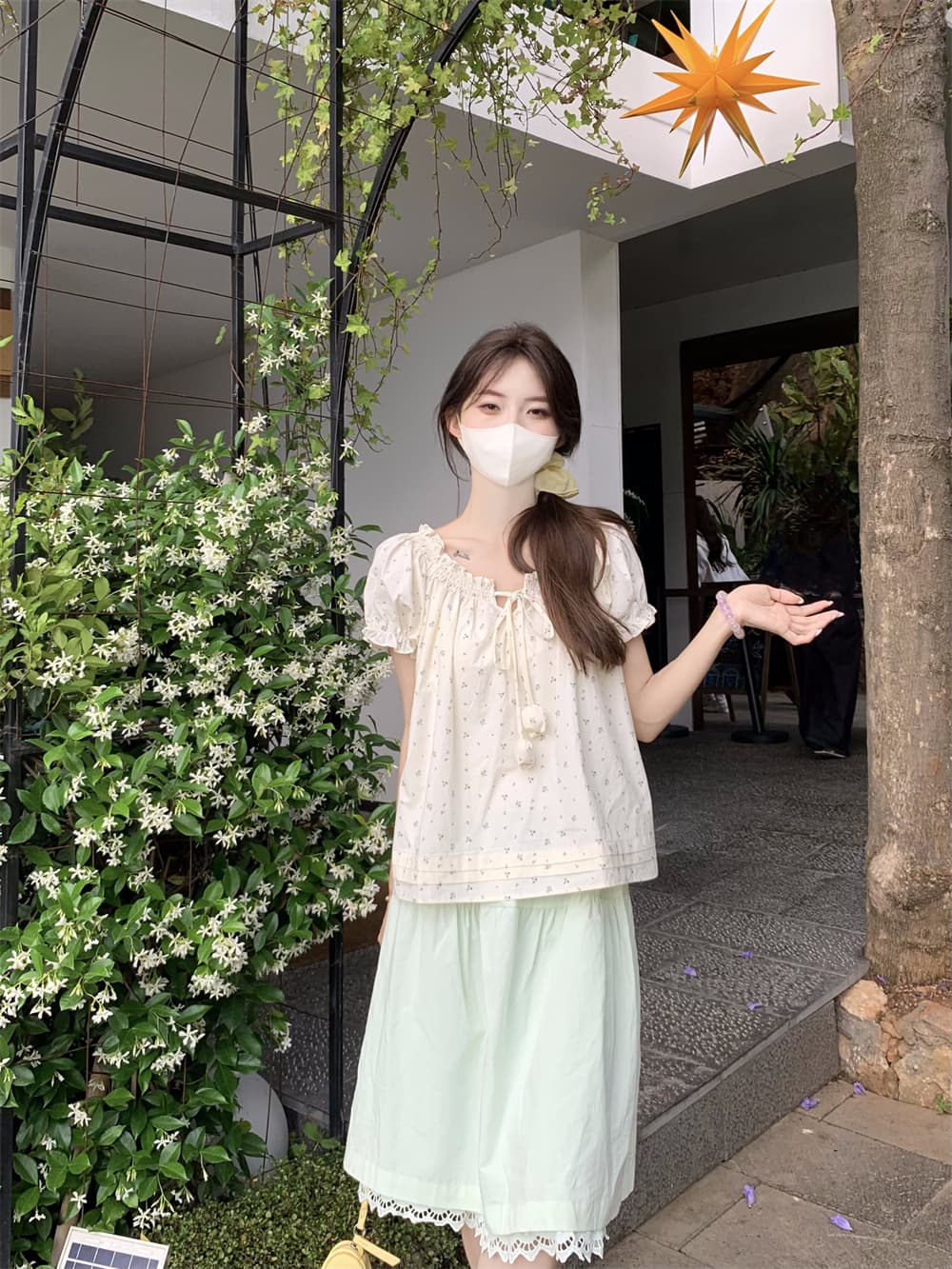 실사 2026 새로운 프랑스식 소녀 거품 소매 꽃무늬 여성 셔츠 프릴 꽃밭 레이스업 인형 셔츠 맨위 상세 이미지 13