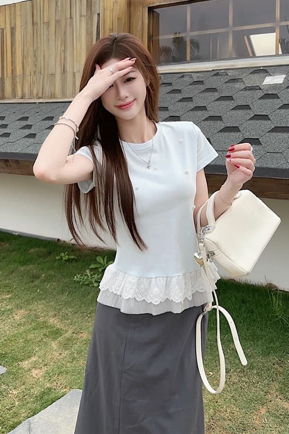 실사 2026 봄 여름 비즈 박기 장식 패치워크 밑단 레이스 레이스 반팔 티셔츠 여성 몸매 가꾸기 슬림해 보이는 맨위 이미지 5