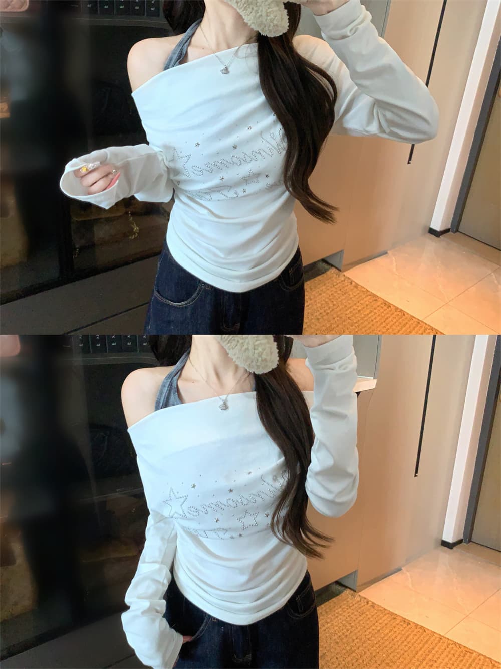 실사 2026 가을 새로운 오프숄더 알파벳 행침 목 슬립 맨위 여성 오프숄더 페이크 레이어드 긴팔 티셔츠 상세 이미지 1
