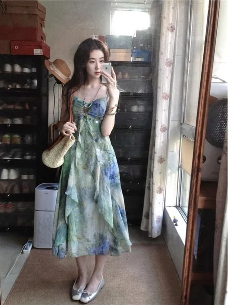 휴가 바람 슬립 드레스 헤일로 염색 여름 새로운 허리 수축 치마 새로운 패션 폭발 2026 신제품 여성 치마 이미지 3