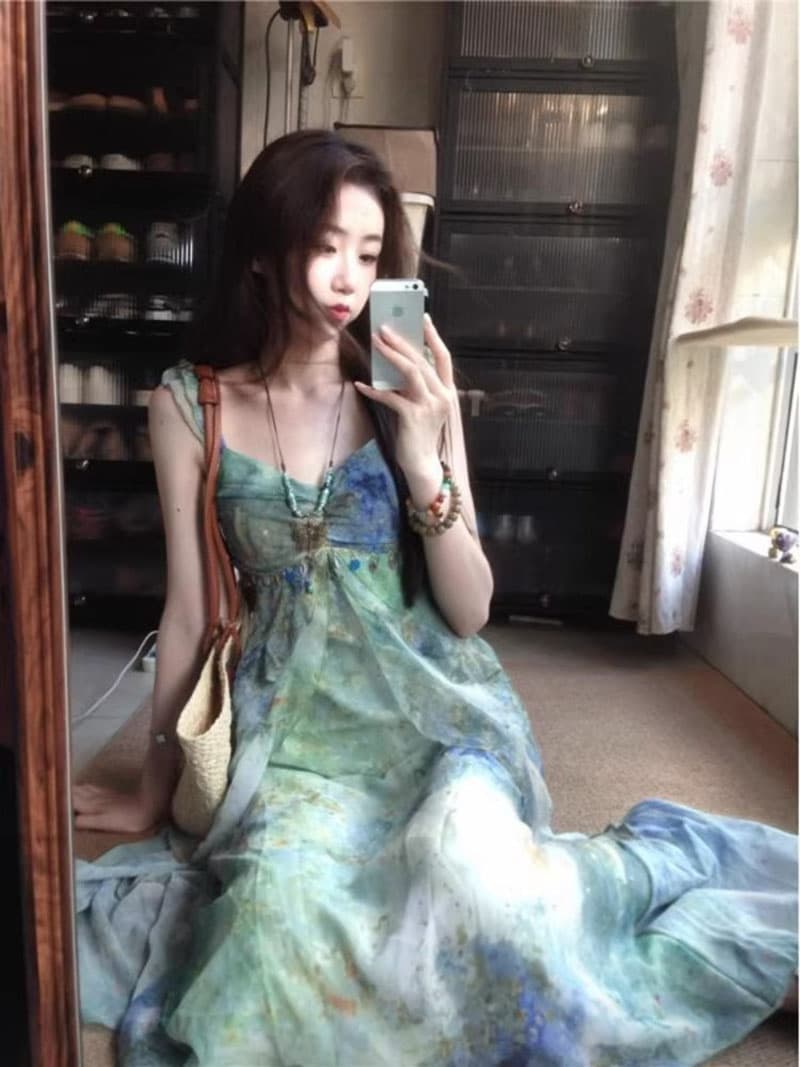 휴가 바람 슬립 드레스 헤일로 염색 여름 새로운 허리 수축 치마 새로운 패션 폭발 2026 신제품 여성 치마 이미지 4