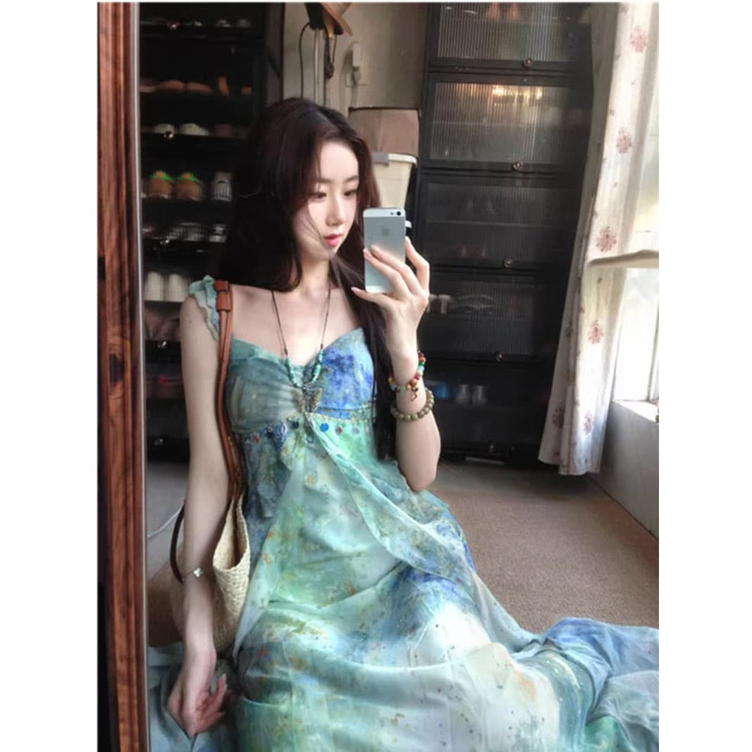 휴가 바람 슬립 드레스 헤일로 염색 여름 새로운 허리 수축 치마 새로운 패션 폭발 2026 신제품 여성 치마 이미지 2