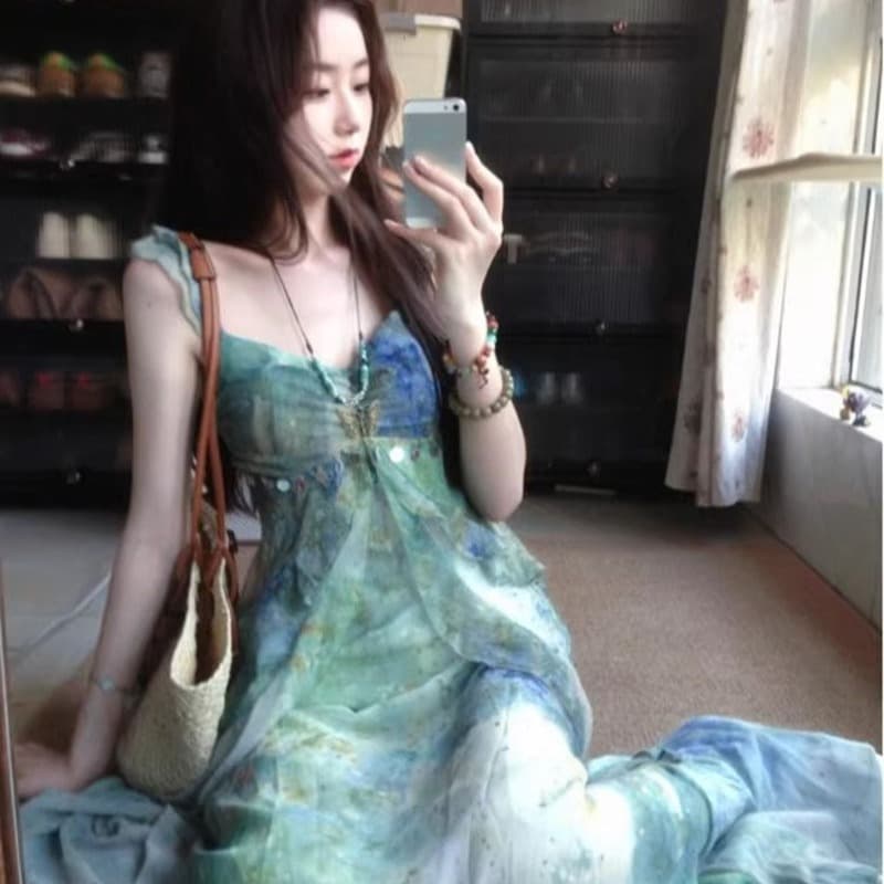 휴가 바람 슬립 드레스 헤일로 염색 여름 새로운 허리 수축 치마 새로운 패션 폭발 2026 신제품 여성 치마 이미지 5