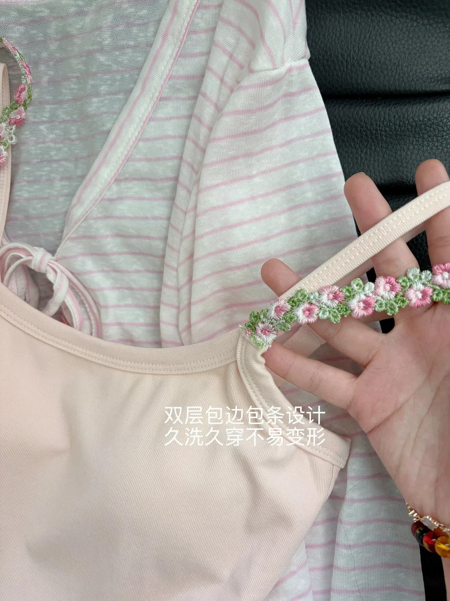 조끼 92 면 8 암모니아 Lun 벨트 가슴 패드 핑크색 스트라이프 오픈 가디건 V넥 인사이드 가져 가라. 자수 캐미솔 투피스 세트 상세 이미지 9