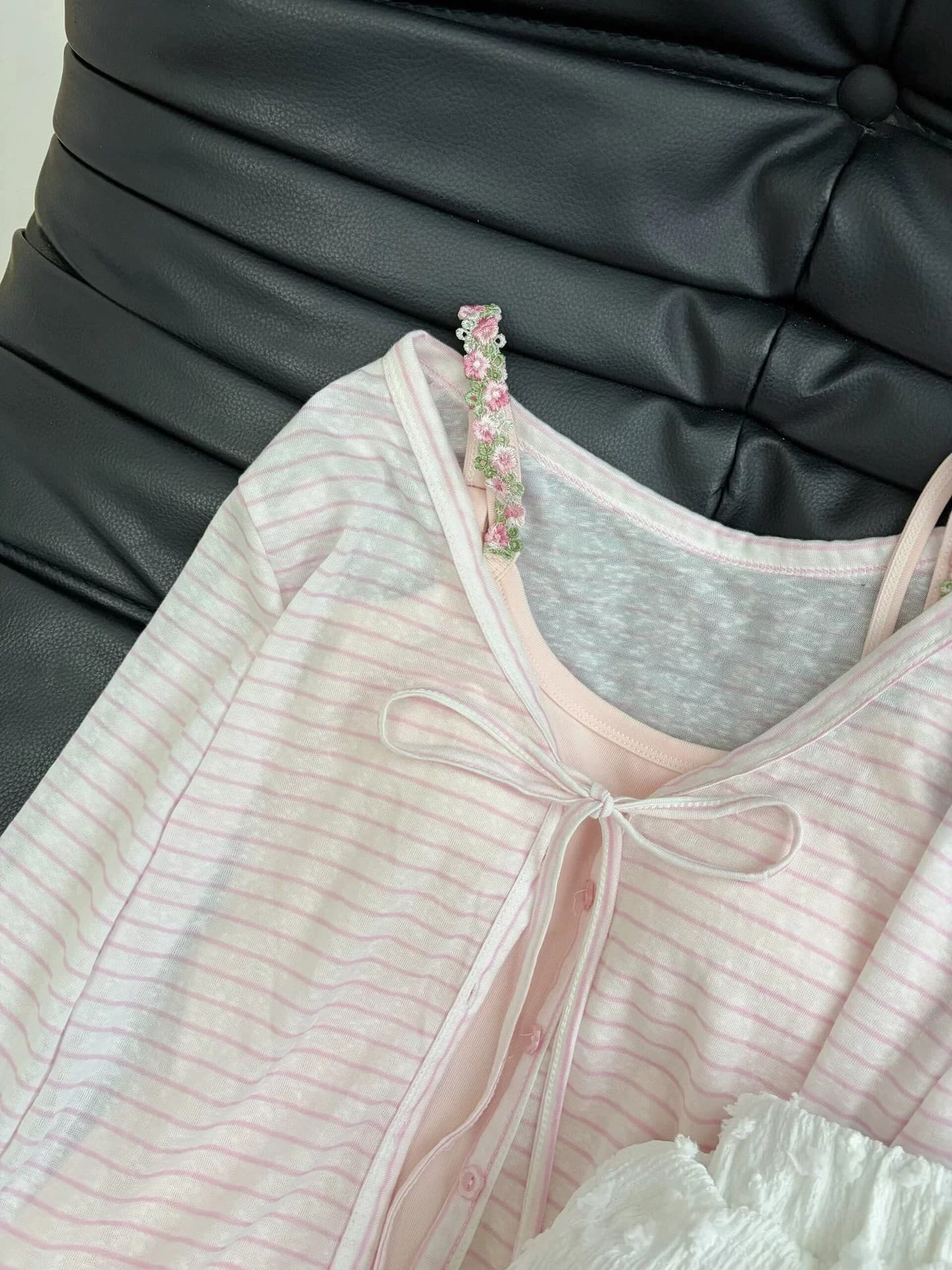 조끼 92 면 8 암모니아 Lun 벨트 가슴 패드 핑크색 스트라이프 오픈 가디건 V넥 인사이드 가져 가라. 자수 캐미솔 투피스 세트 상세 이미지 11
