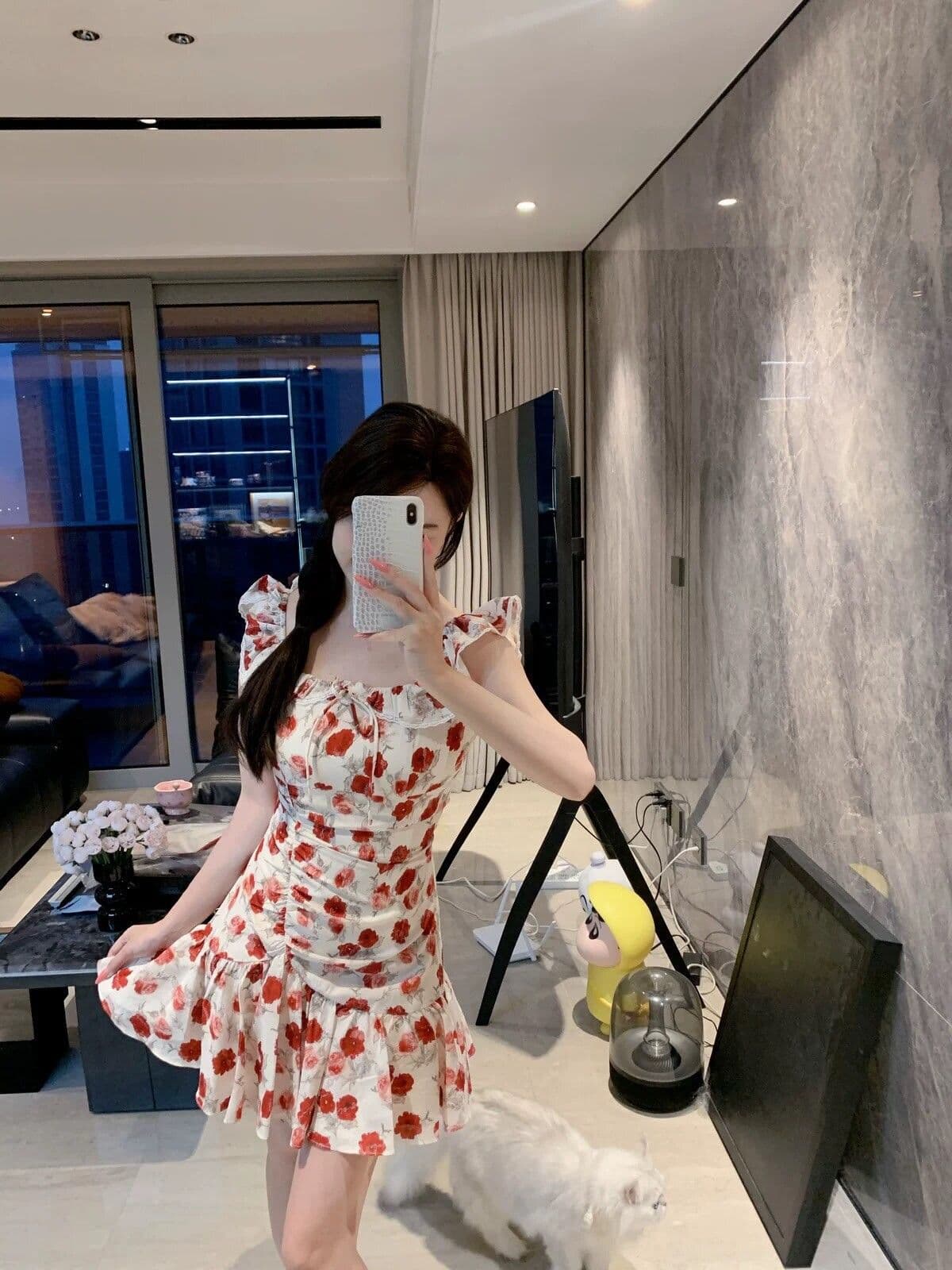 프랑스식 휴가 바람 작은 날다 소매 꽃무늬 여성 드레스 여름 작은 키 허리 수축 슬림해 보이는 해변 해변가 민소매 치마 이미지 3