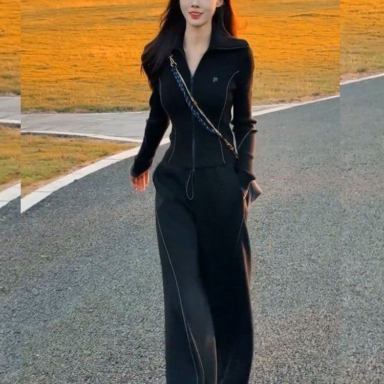 2026 봄 가을 새로운 한국 스타일 캐주얼 운동복 세트 여성 오픈 가디건 맨위 와이드 레그 팬츠 투피스 세트 936 상세 이미지 12