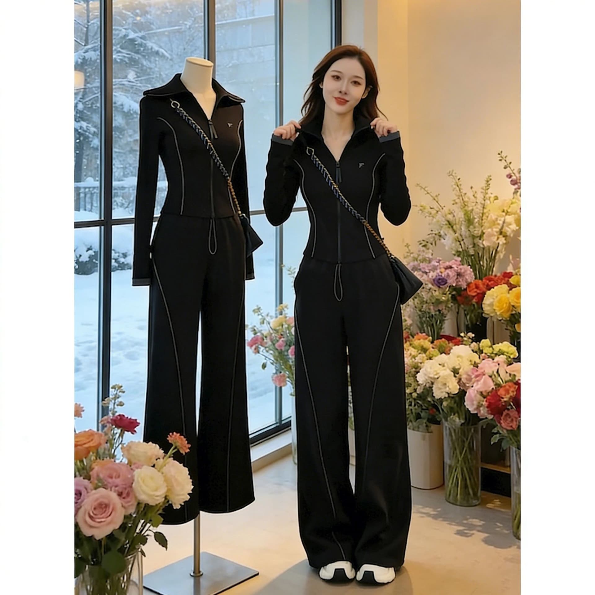 캐주얼 스포츠 슈트 여성 봄 가을 2026 새로운 패션 몸매 가꾸기 맨위 와이드 레그 팬츠 투피스 세트 936 이미지 3
