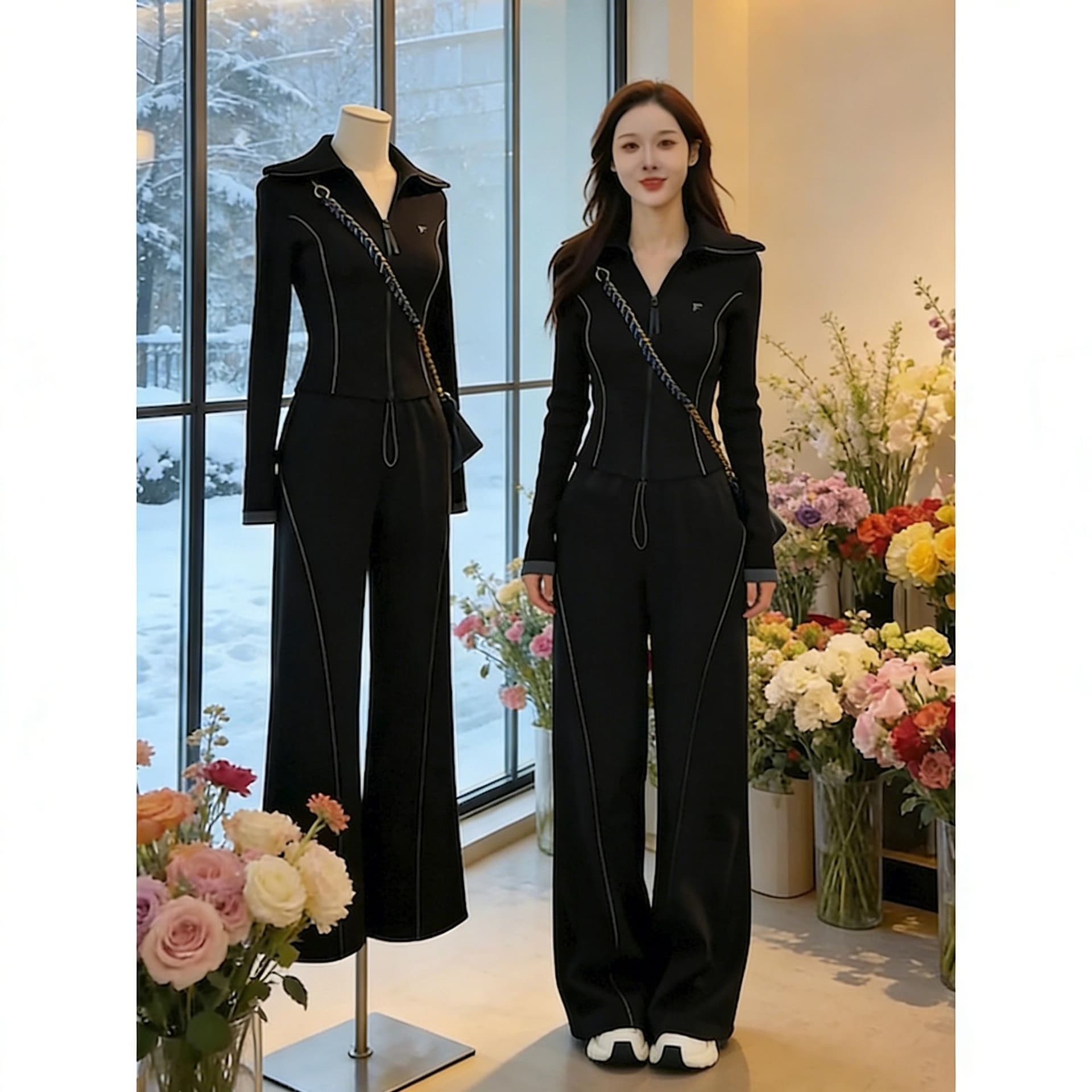 캐주얼 스포츠 슈트 여성 봄 가을 2026 새로운 패션 몸매 가꾸기 맨위 와이드 레그 팬츠 투피스 세트 936 상세 이미지 2
