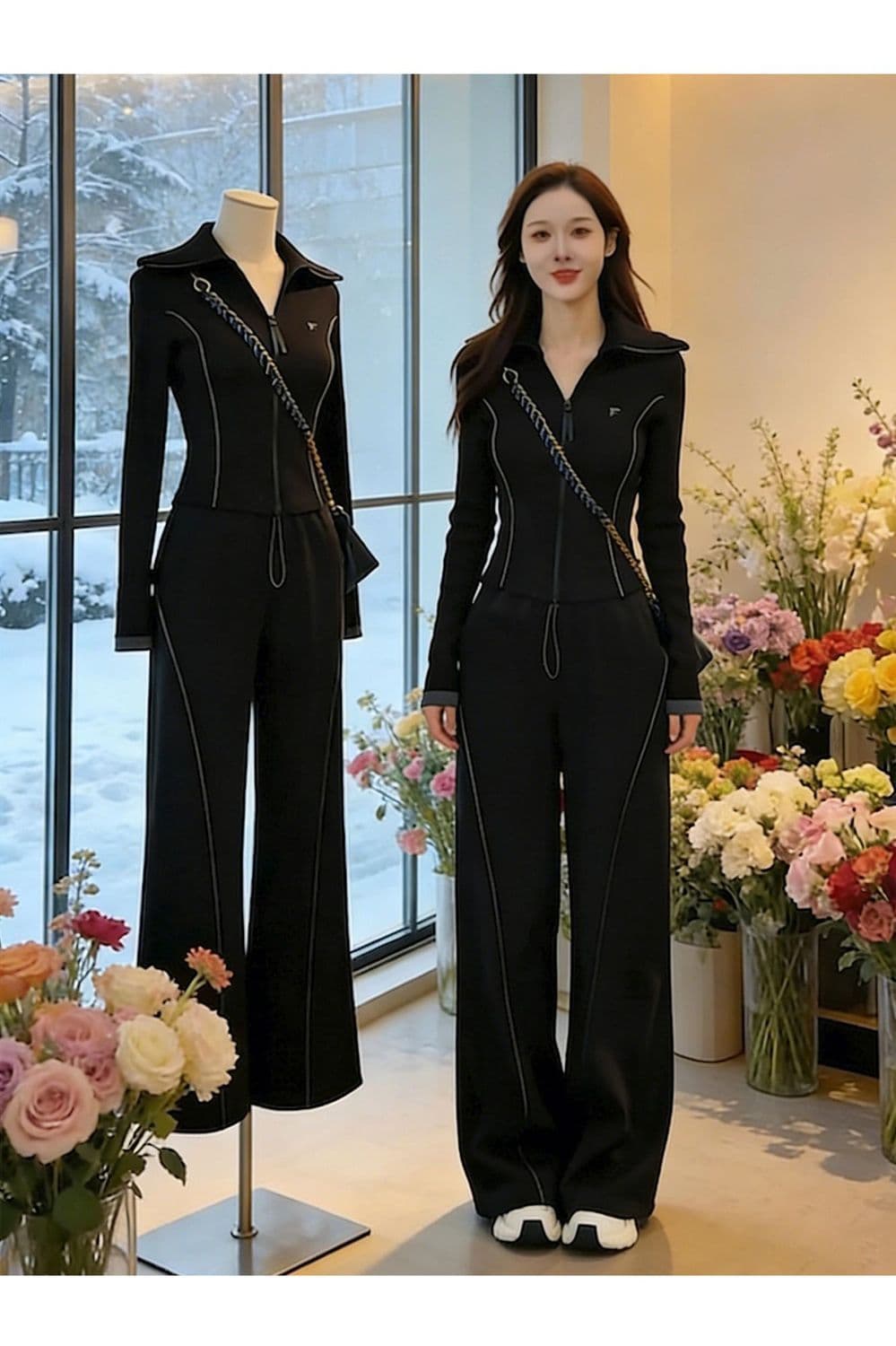 캐주얼 스포츠 슈트 여성 봄 가을 2026 새로운 패션 몸매 가꾸기 맨위 와이드 레그 팬츠 투피스 세트 936 상세 이미지 4