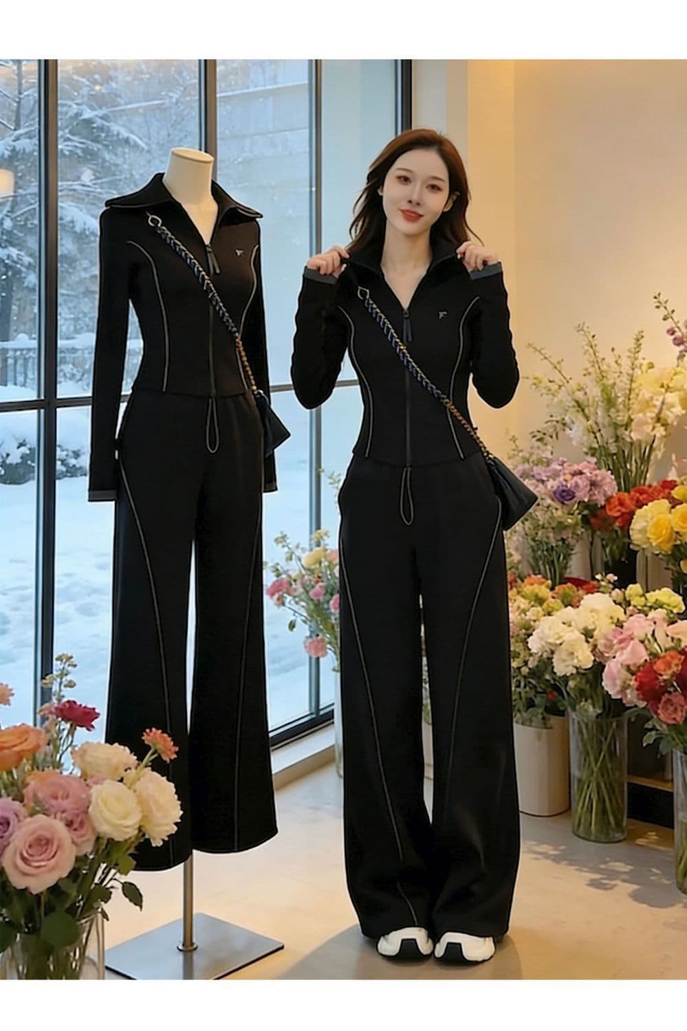 캐주얼 스포츠 슈트 여성 봄 가을 2026 새로운 패션 몸매 가꾸기 맨위 와이드 레그 팬츠 투피스 세트 936 상세 이미지 5