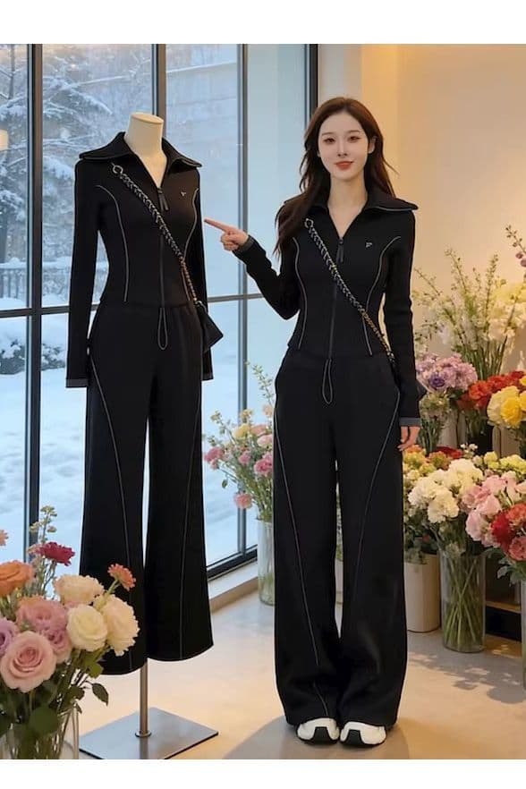 캐주얼 스포츠 슈트 여성 봄 가을 2026 새로운 패션 몸매 가꾸기 맨위 와이드 레그 팬츠 투피스 세트 936 상세 이미지 6