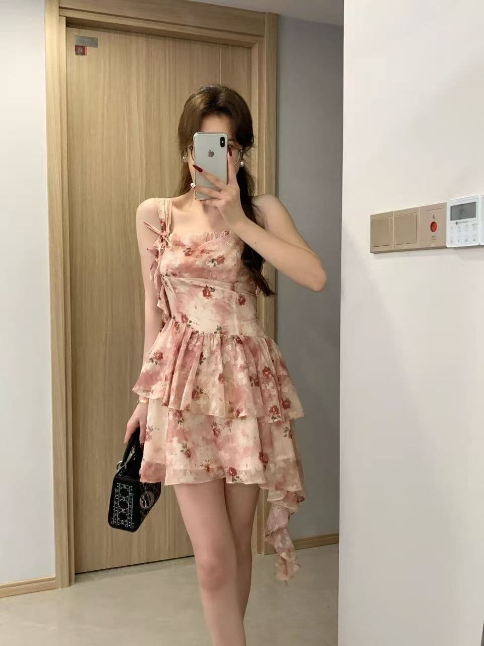 새로운 부드러운 바람 달콤함 행침 목 꽃무늬 허리 수축 퍼프 슬립 드레스 작은 키 아름다운 드레스 슬립 여성 의류 이미지 3