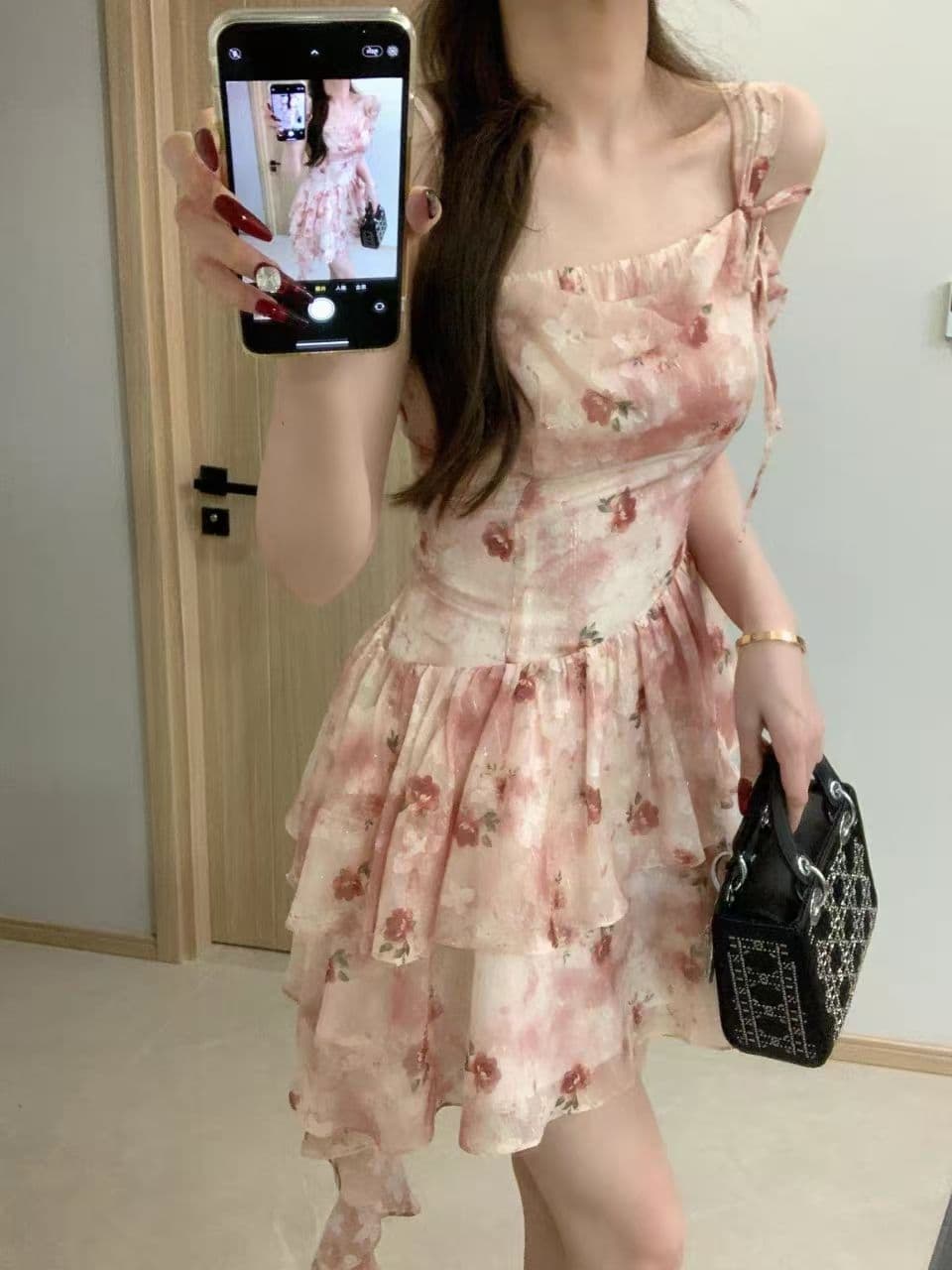 새로운 부드러운 바람 달콤함 행침 목 꽃무늬 허리 수축 퍼프 슬립 드레스 작은 키 아름다운 드레스 슬립 여성 의류 이미지 2