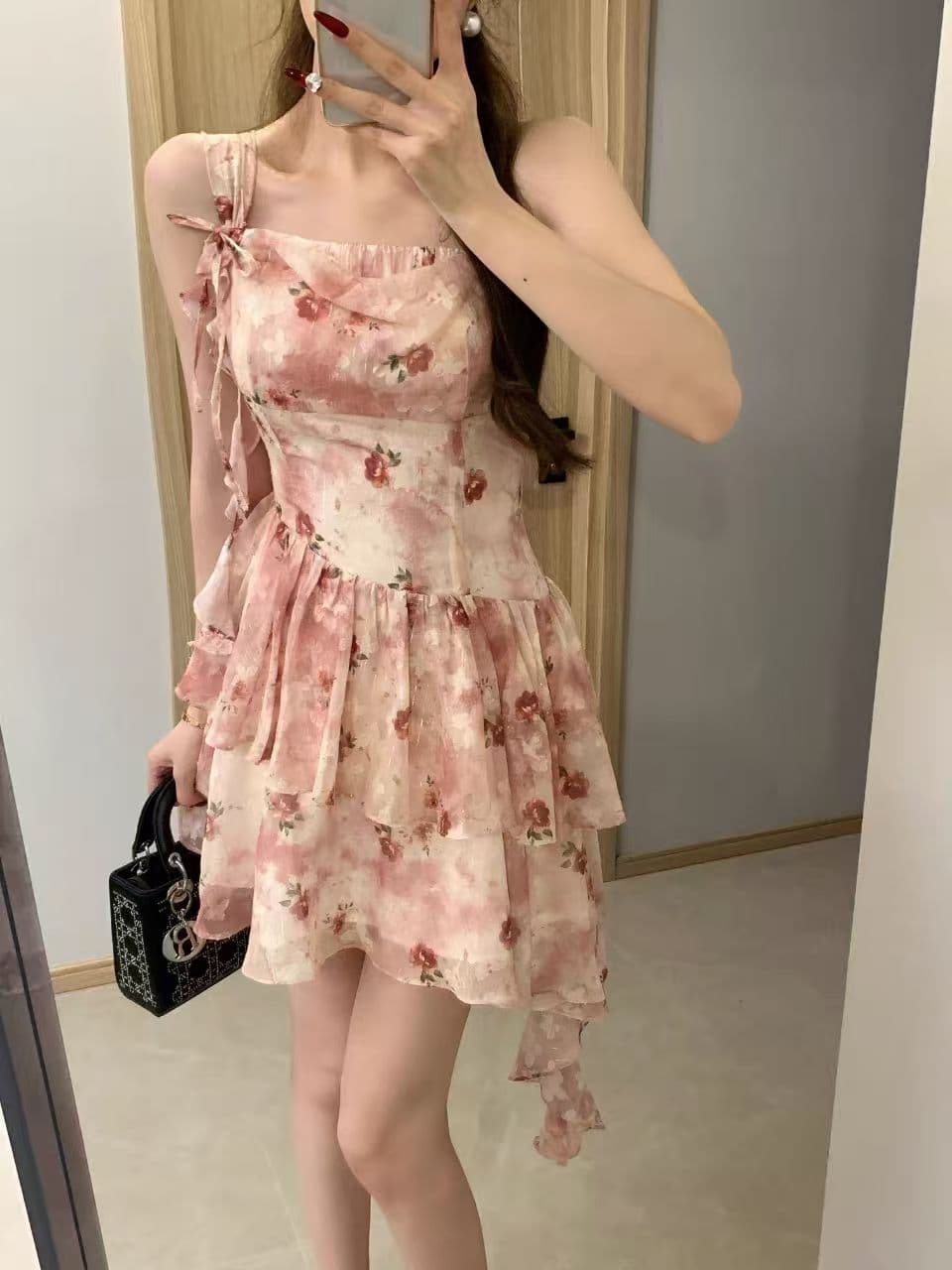 새로운 부드러운 바람 달콤함 행침 목 꽃무늬 허리 수축 퍼프 슬립 드레스 작은 키 아름다운 드레스 슬립 여성 의류 상세 이미지 2