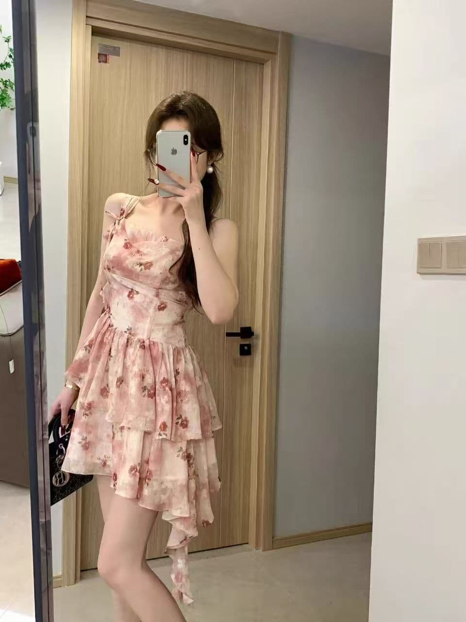 새로운 부드러운 바람 달콤함 행침 목 꽃무늬 허리 수축 퍼프 슬립 드레스 작은 키 아름다운 드레스 슬립 여성 의류 상세 이미지 5