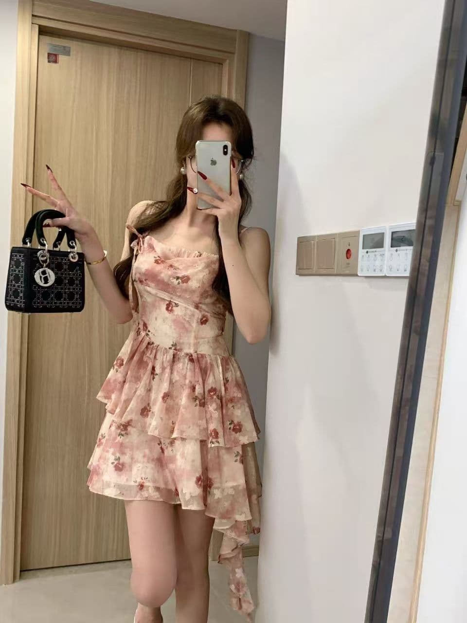 새로운 부드러운 바람 달콤함 행침 목 꽃무늬 허리 수축 퍼프 슬립 드레스 작은 키 아름다운 드레스 슬립 여성 의류 상세 이미지 6