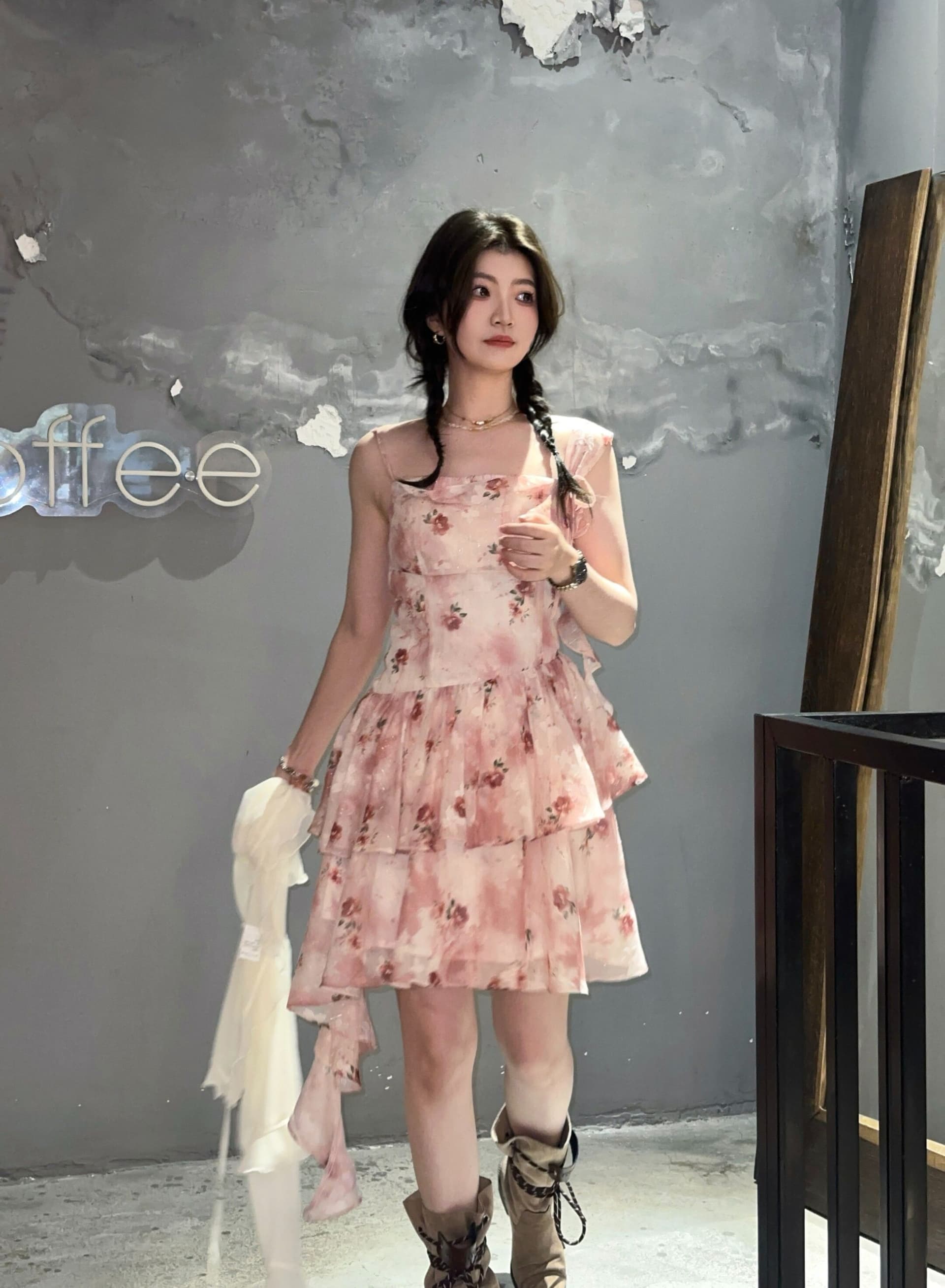 프랑스식 부드러운 바람 달콤함 행침 목 꽃무늬 허리 수축 퍼프 슬립 드레스 작은 키 아름다운 드레스 슬립 여성 의류 이미지 3