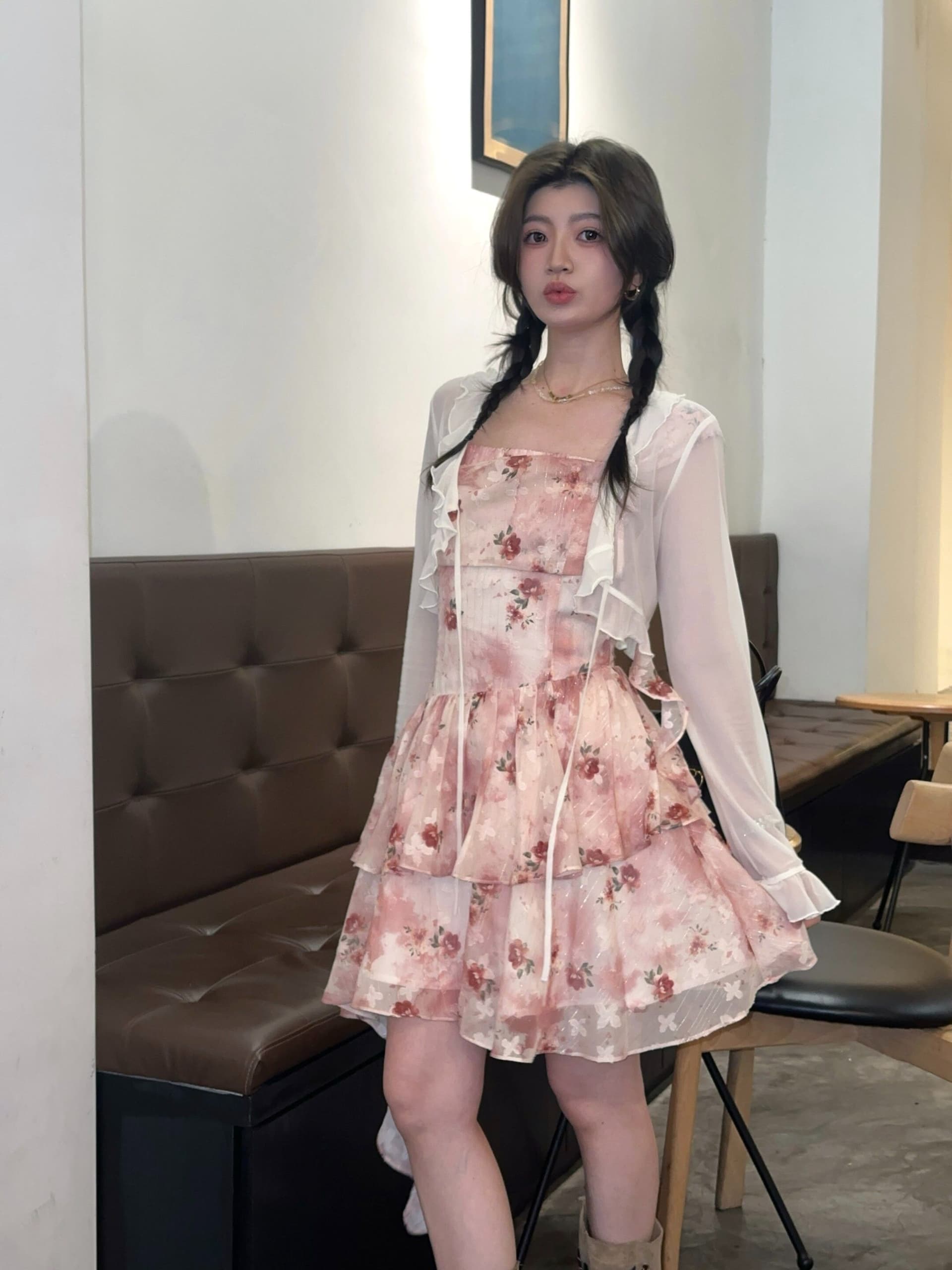 프랑스식 부드러운 바람 달콤함 행침 목 꽃무늬 허리 수축 퍼프 슬립 드레스 작은 키 아름다운 드레스 슬립 여성 의류 상세 이미지 3