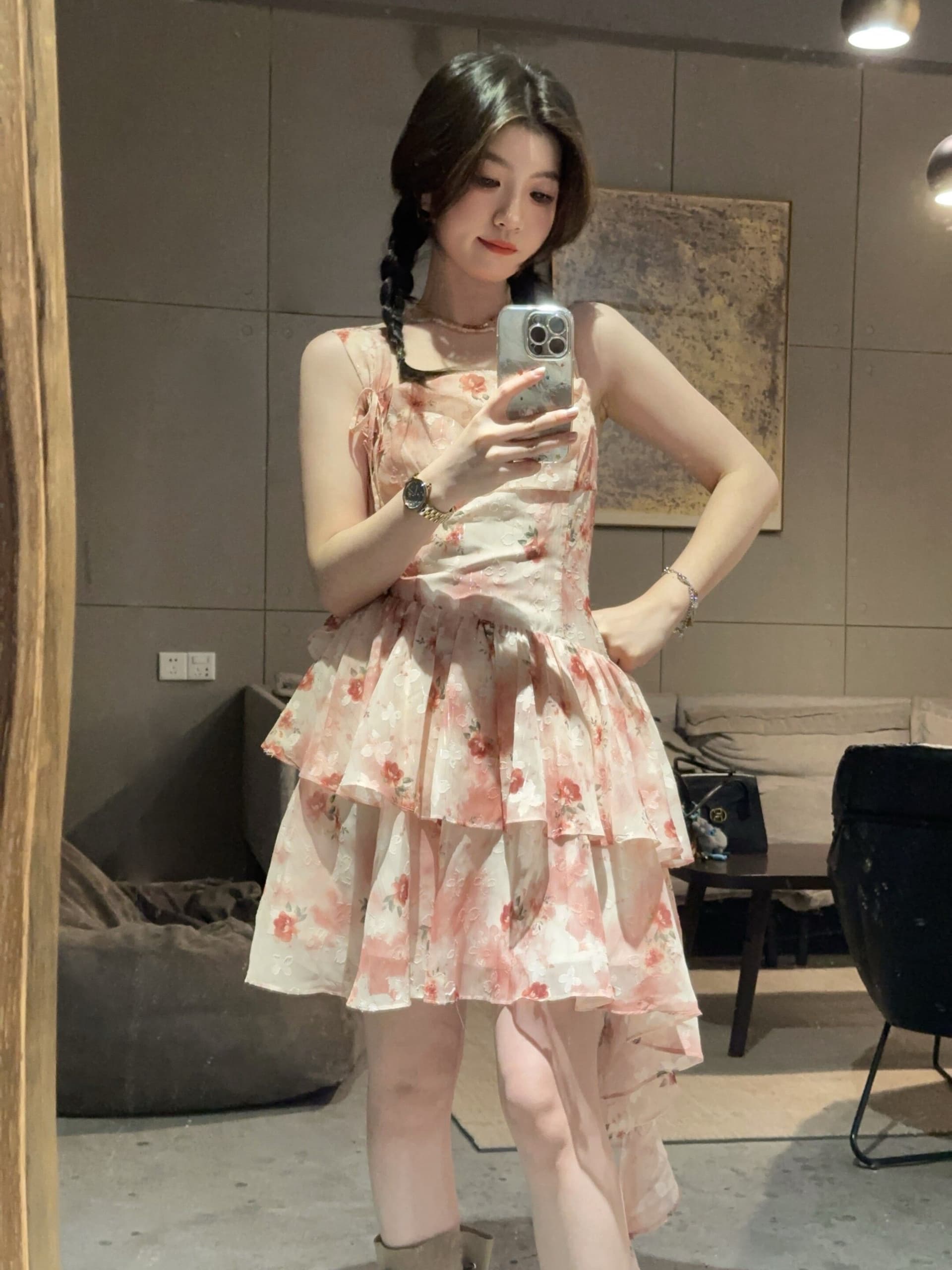 프랑스식 부드러운 바람 달콤함 행침 목 꽃무늬 허리 수축 퍼프 슬립 드레스 작은 키 아름다운 드레스 슬립 여성 의류 상세 이미지 6