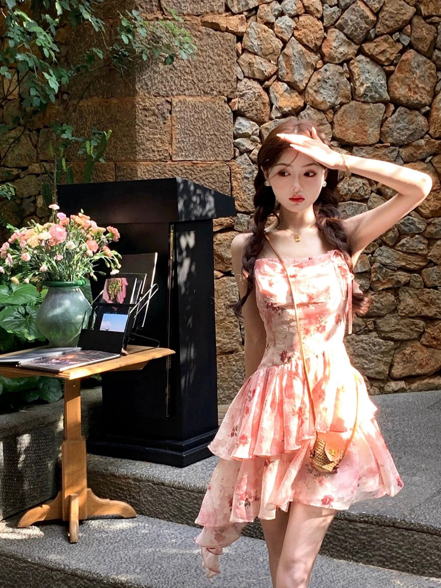 프랑스식 휴가 바람 빨간색 작은 날다 소매 꽃무늬 여성 드레스 여름 작은 키 허리 수축 슬림해 보이는 민소매 섹션 여성 의류 상세 이미지 2