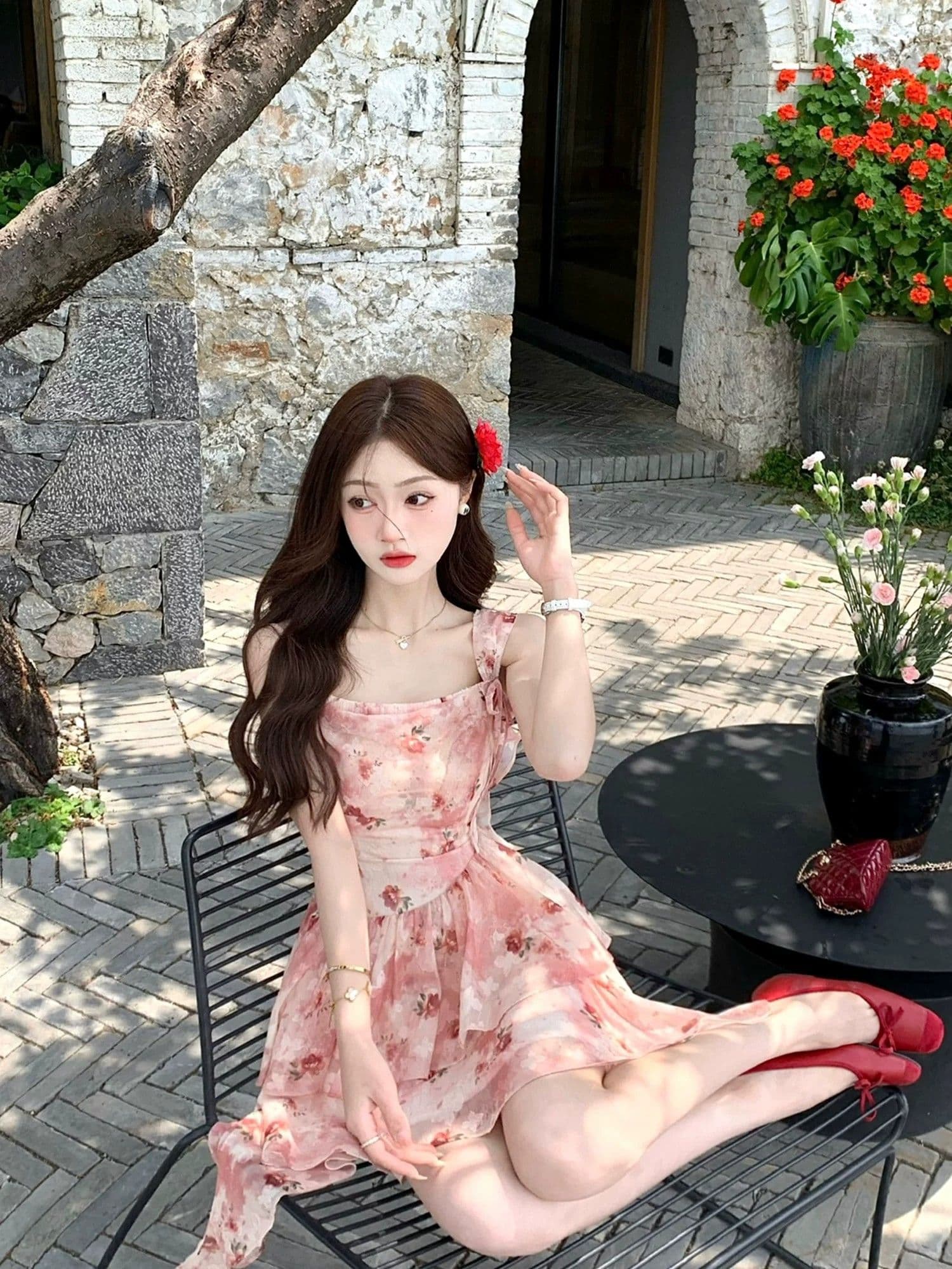 프랑스식 휴가 바람 빨간색 작은 날다 소매 꽃무늬 여성 드레스 여름 작은 키 허리 수축 슬림해 보이는 민소매 섹션 여성 의류 상세 이미지 15
