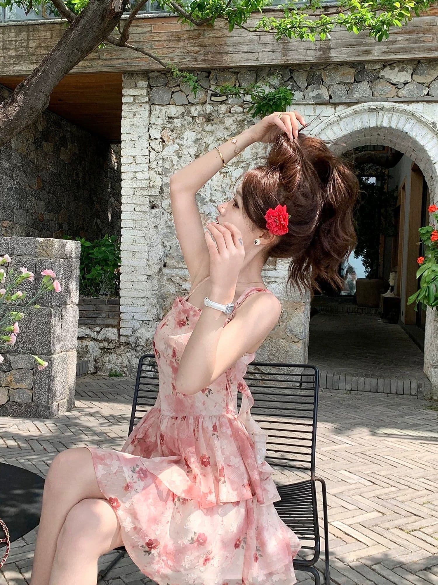 프랑스식 휴가 바람 빨간색 작은 날다 소매 꽃무늬 여성 드레스 여름 작은 키 허리 수축 슬림해 보이는 민소매 섹션 여성 의류 상세 이미지 16