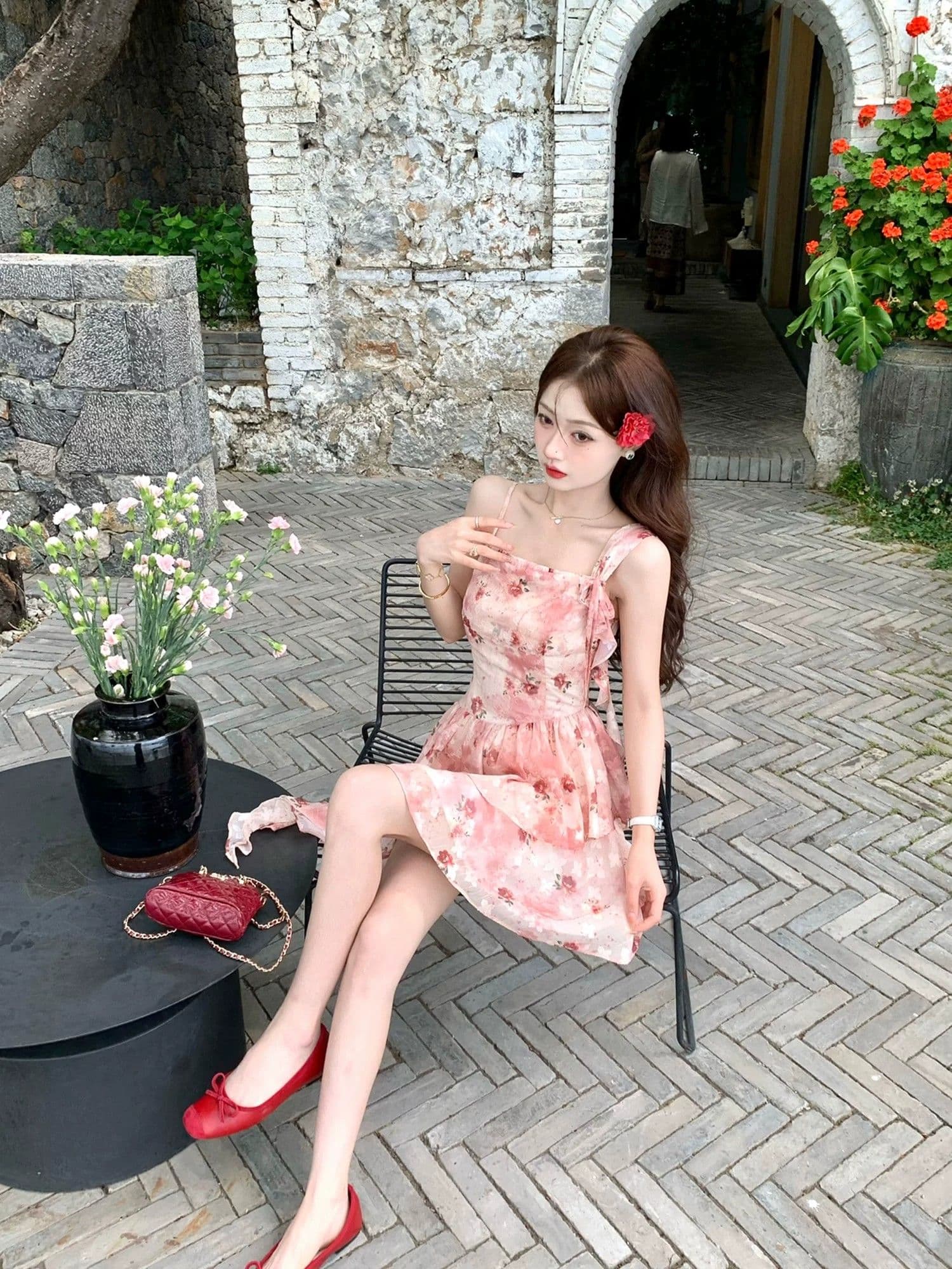 프랑스식 휴가 바람 빨간색 작은 날다 소매 꽃무늬 여성 드레스 여름 작은 키 허리 수축 슬림해 보이는 민소매 섹션 여성 의류 상세 이미지 17