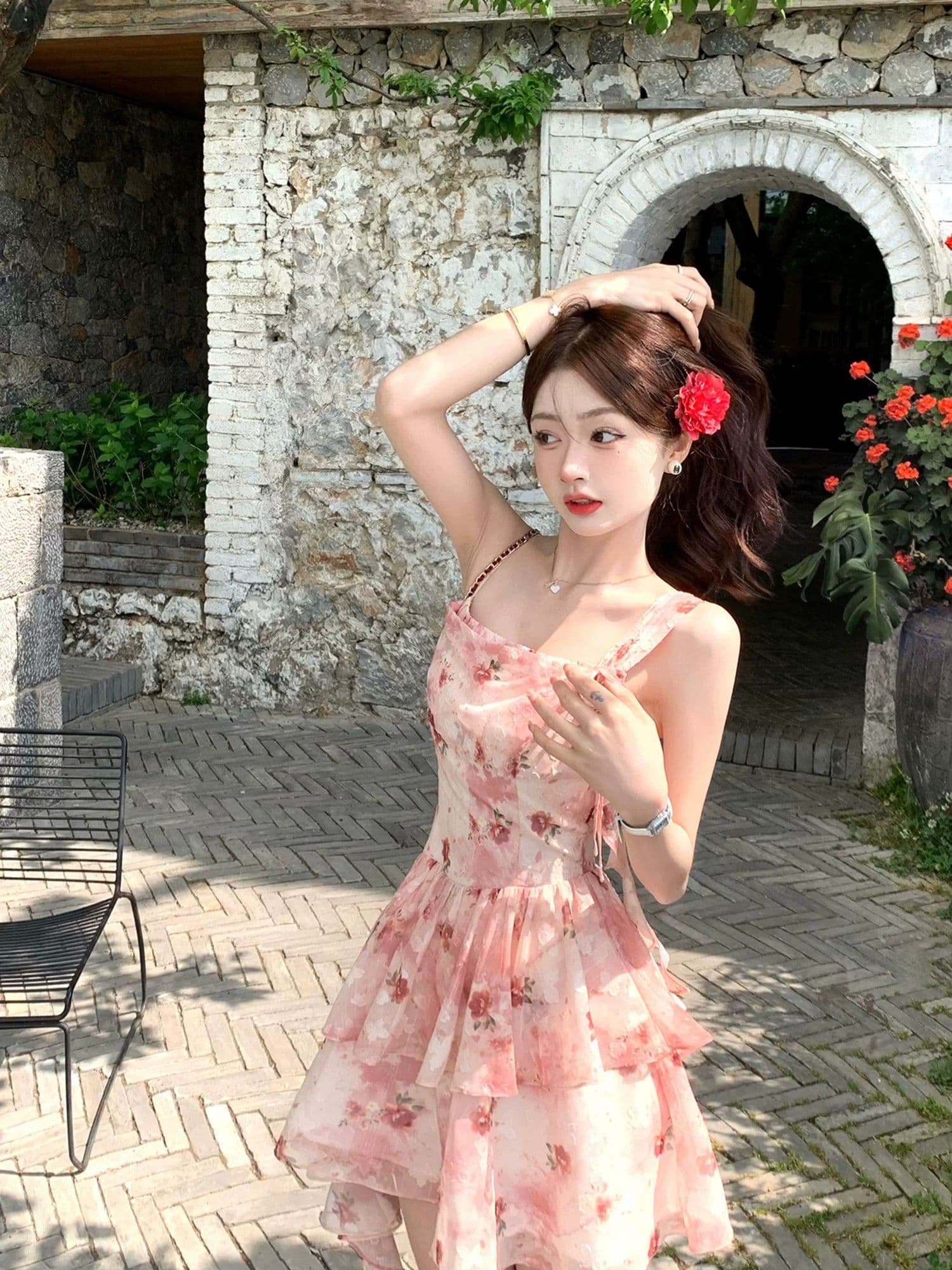 프랑스식 휴가 바람 빨간색 작은 날다 소매 꽃무늬 여성 드레스 여름 작은 키 허리 수축 슬림해 보이는 민소매 섹션 여성 의류 상세 이미지 18