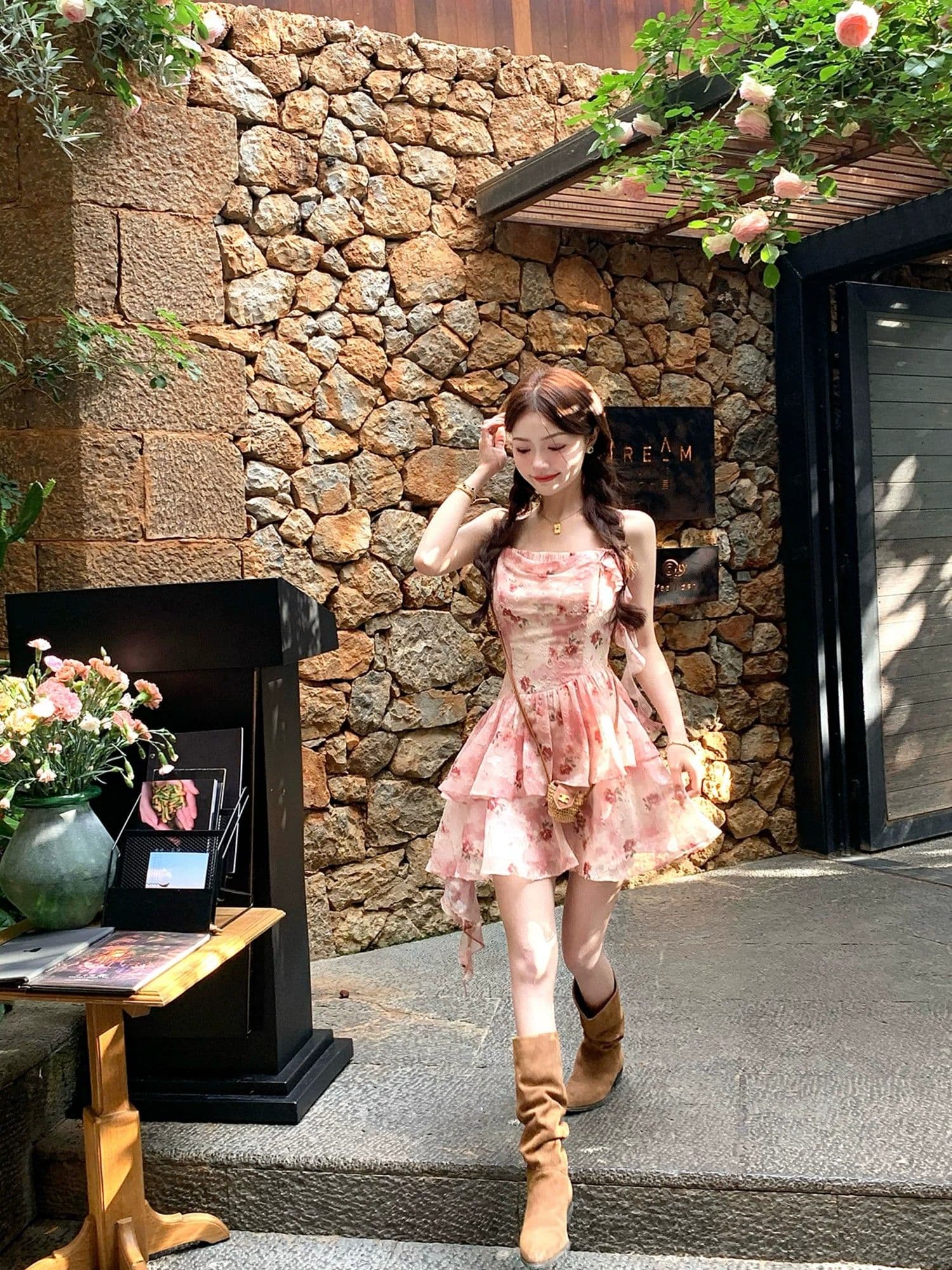 프랑스식 휴가 바람 빨간색 작은 날다 소매 꽃무늬 여성 드레스 여름 작은 키 허리 수축 슬림해 보이는 민소매 섹션 여성 의류 상세 이미지 19