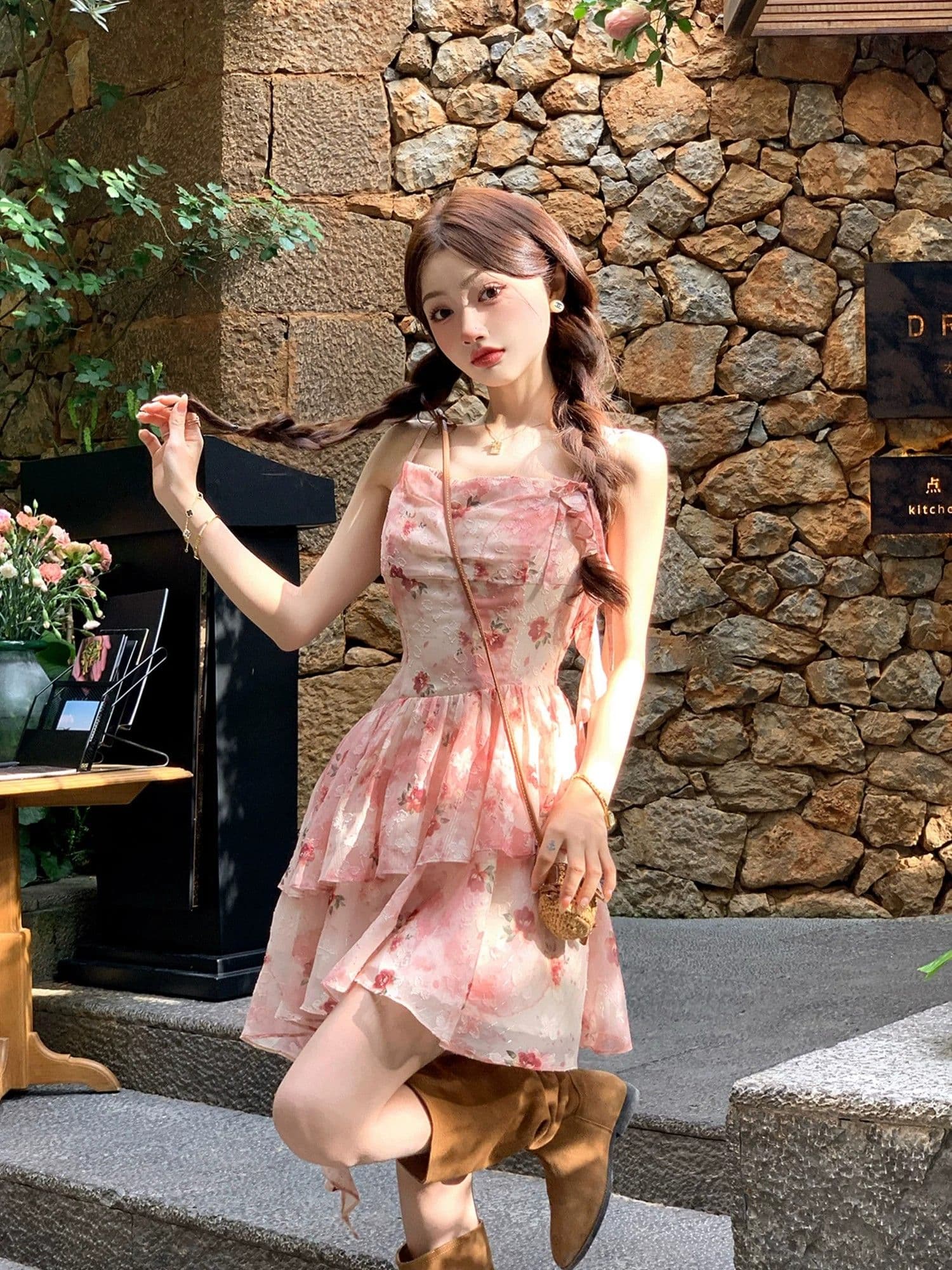 프랑스식 휴가 바람 빨간색 작은 날다 소매 꽃무늬 여성 드레스 여름 작은 키 허리 수축 슬림해 보이는 민소매 섹션 여성 의류 상세 이미지 27