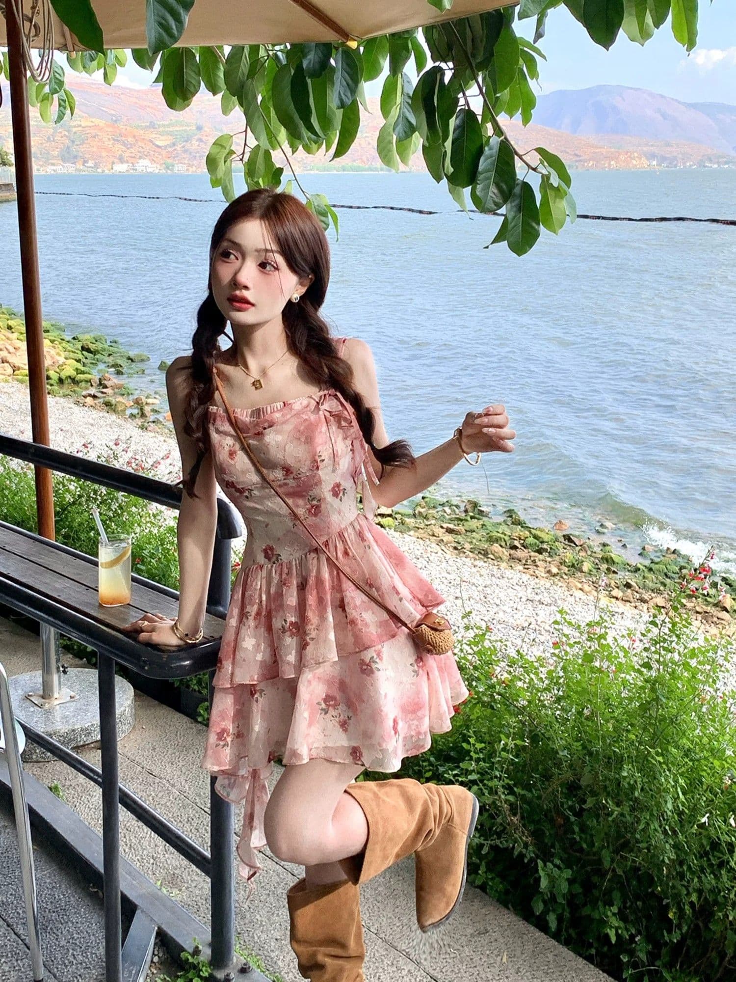 프랑스식 휴가 바람 빨간색 작은 날다 소매 꽃무늬 여성 드레스 여름 작은 키 허리 수축 슬림해 보이는 민소매 섹션 여성 의류 상세 이미지 29