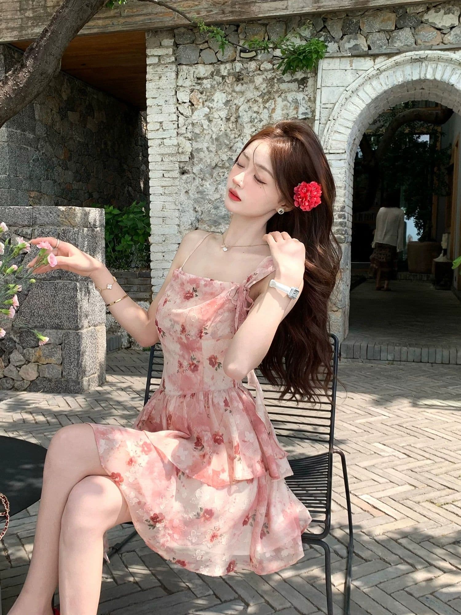 프랑스식 휴가 바람 빨간색 작은 날다 소매 꽃무늬 여성 드레스 여름 작은 키 허리 수축 슬림해 보이는 민소매 섹션 여성 의류 상세 이미지 32