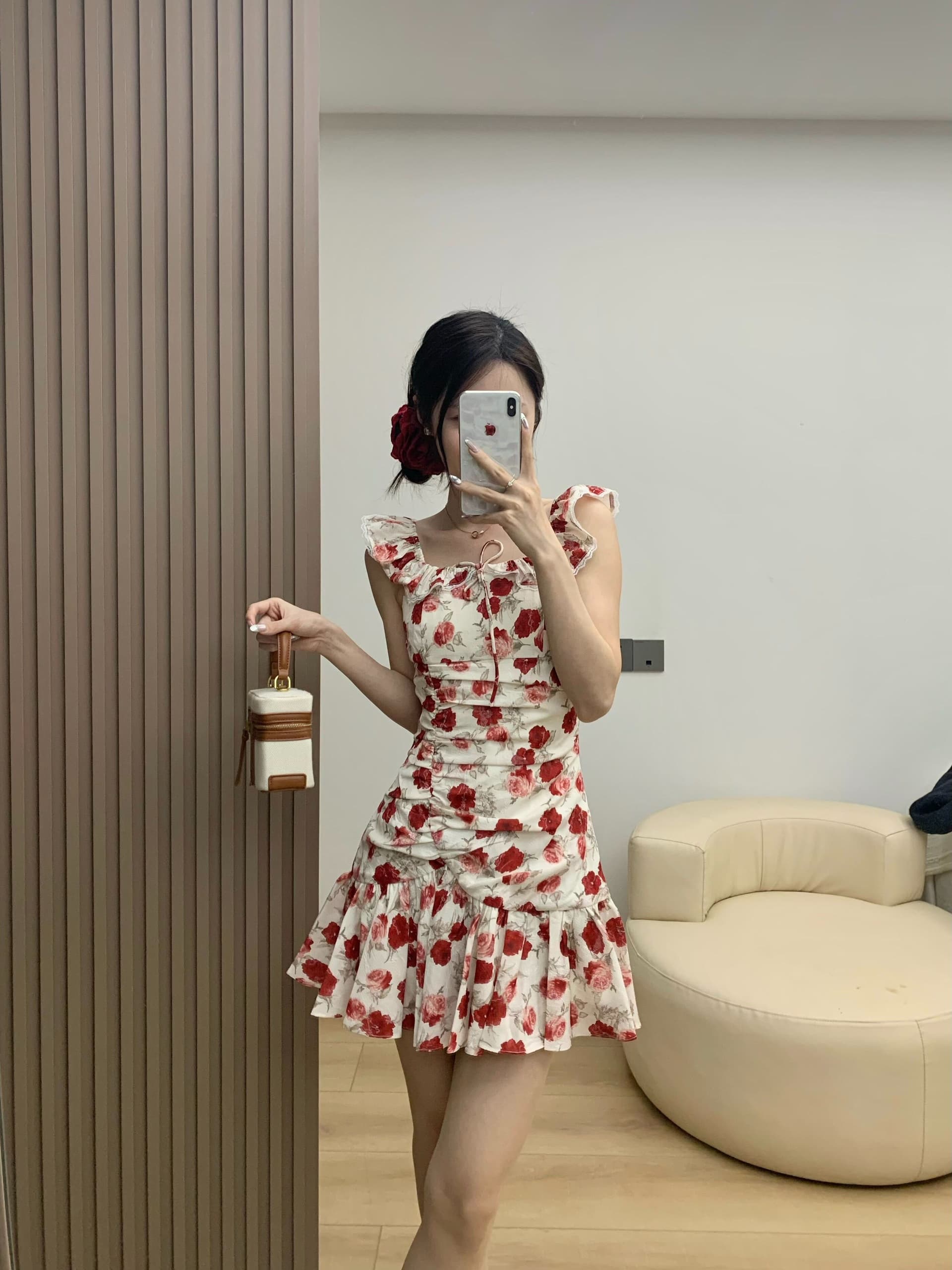 2026 휴가 바람 빨간색 작은 날다 소매 꽃무늬 여성 드레스 여름 작은 키 허리 수축 슬림해 보이는 해변 짧은 치마 상세 이미지 3