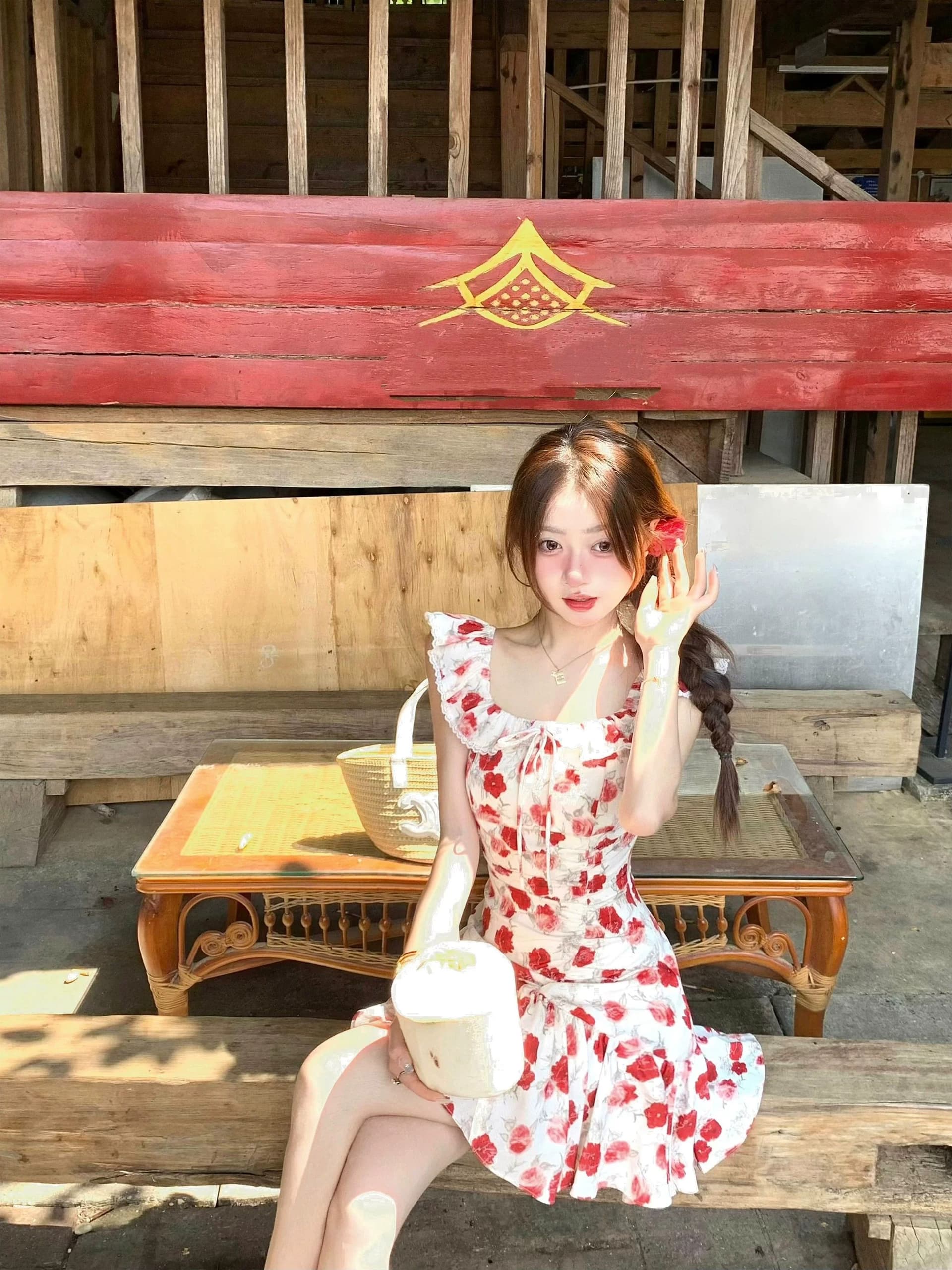 프랑스식 휴가 바람 빨간색 작은 날다 소매 꽃무늬 여성 드레스 여름 작은 키 허리 수축 슬림해 보이는 해변 짧은 치마 이미지 4