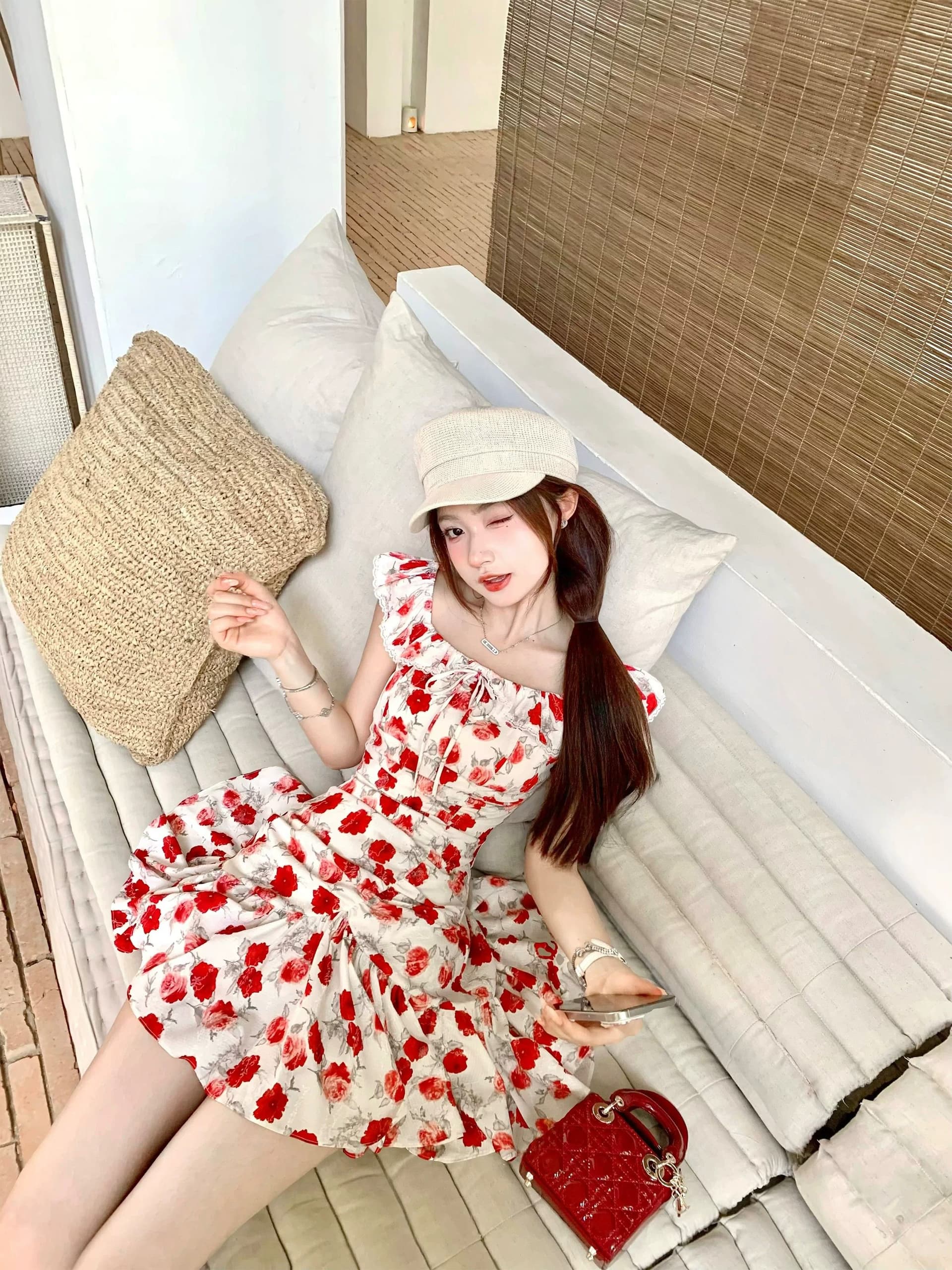 프랑스식 휴가 바람 빨간색 작은 날다 소매 꽃무늬 여성 드레스 여름 작은 키 허리 수축 슬림해 보이는 해변 짧은 치마 상세 이미지 4