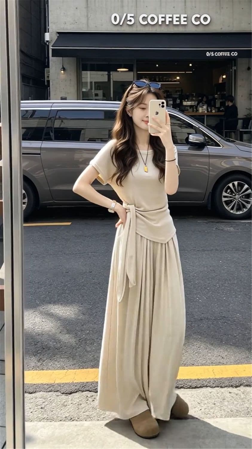 자이언트 잘 생긴 ootd 전체 집합 2026 새로운 반팔 여성 여름 넓은 다리 길이 바지 캐주얼 투피스 세트 940 상세 이미지 4