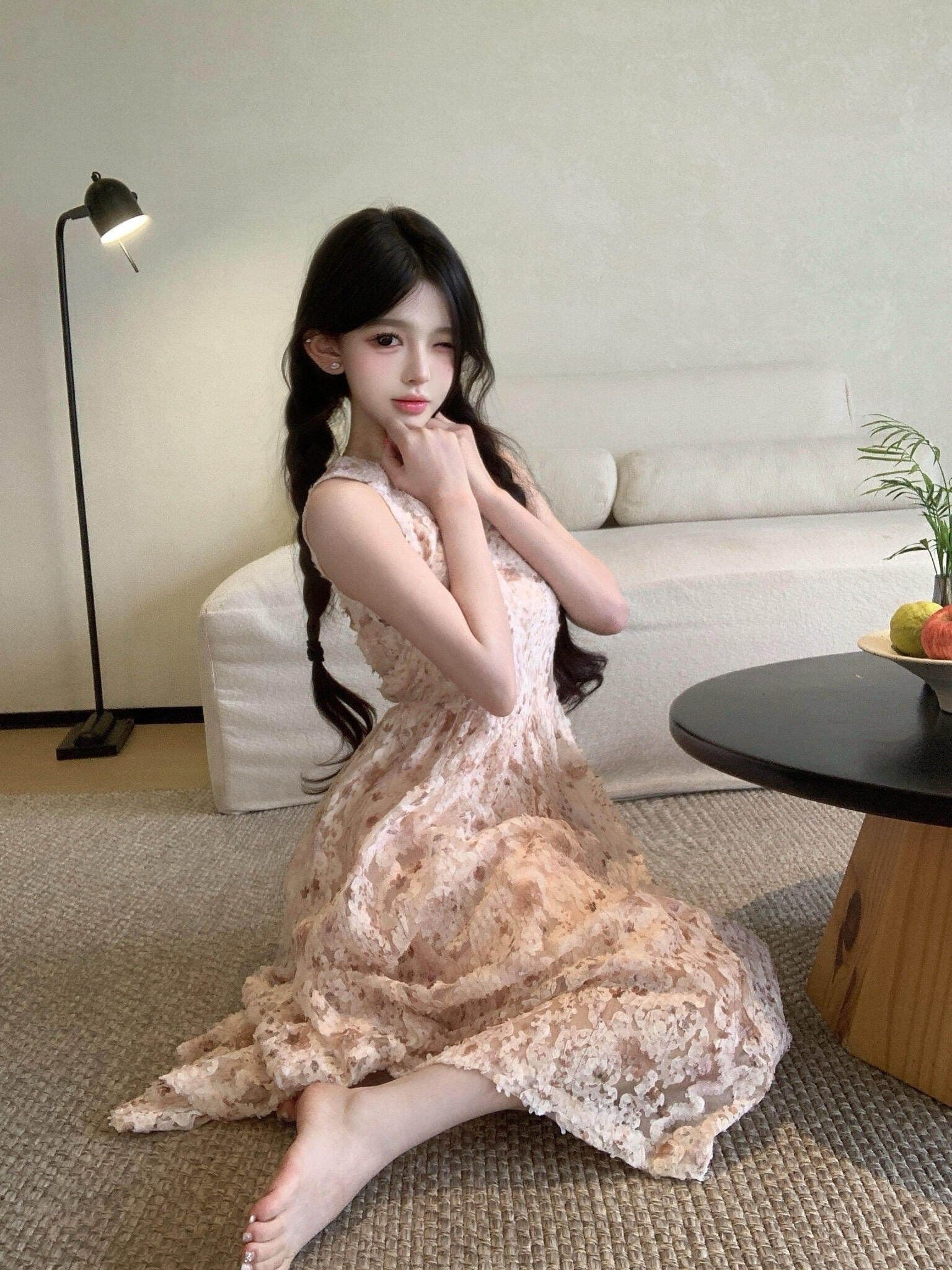 2026 부드러운 품격 꽃무늬 조끼 롱 스커트 여성 여름 아름다운 휴가 핑크색 꼬집기 허리 요정 드레스 작은 키 상세 이미지 2