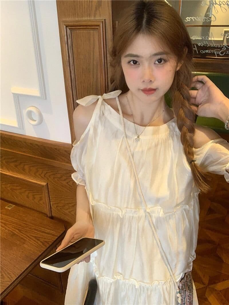 달콤함 첫사랑 치마 순수한 욕망 바람 오프숄더 스트랩 라운드 넥 드레스 슈퍼 잘 생긴 단색 흐름 지불 반팔 여성 의류 이미지 3